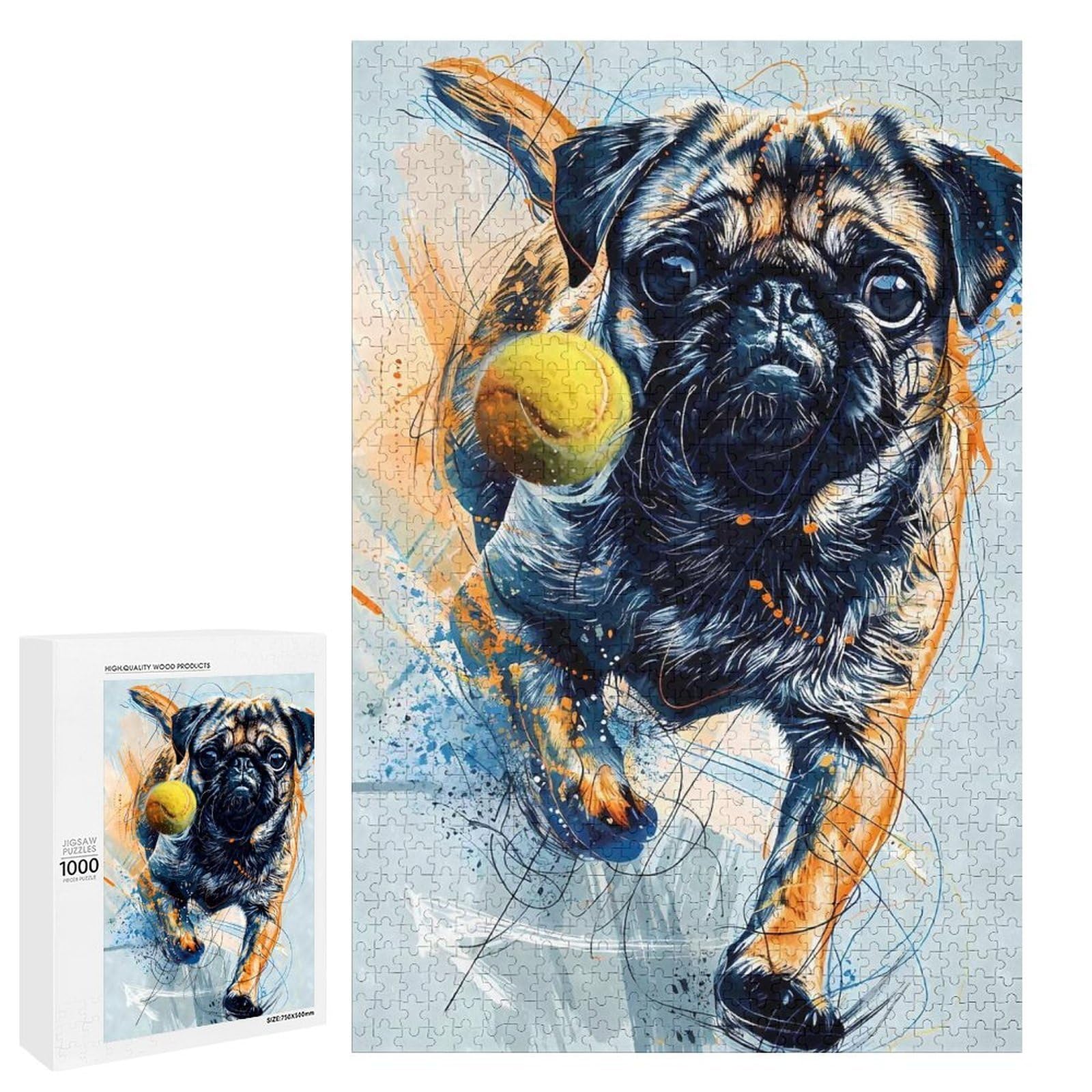 Puzzles for Adults 1000 PCS Pug Dog Tennis Ball Jigsaws for Adults Relaxing Games Enhance Memory Unique Birthday And Xmas Gifts 1000 PCS