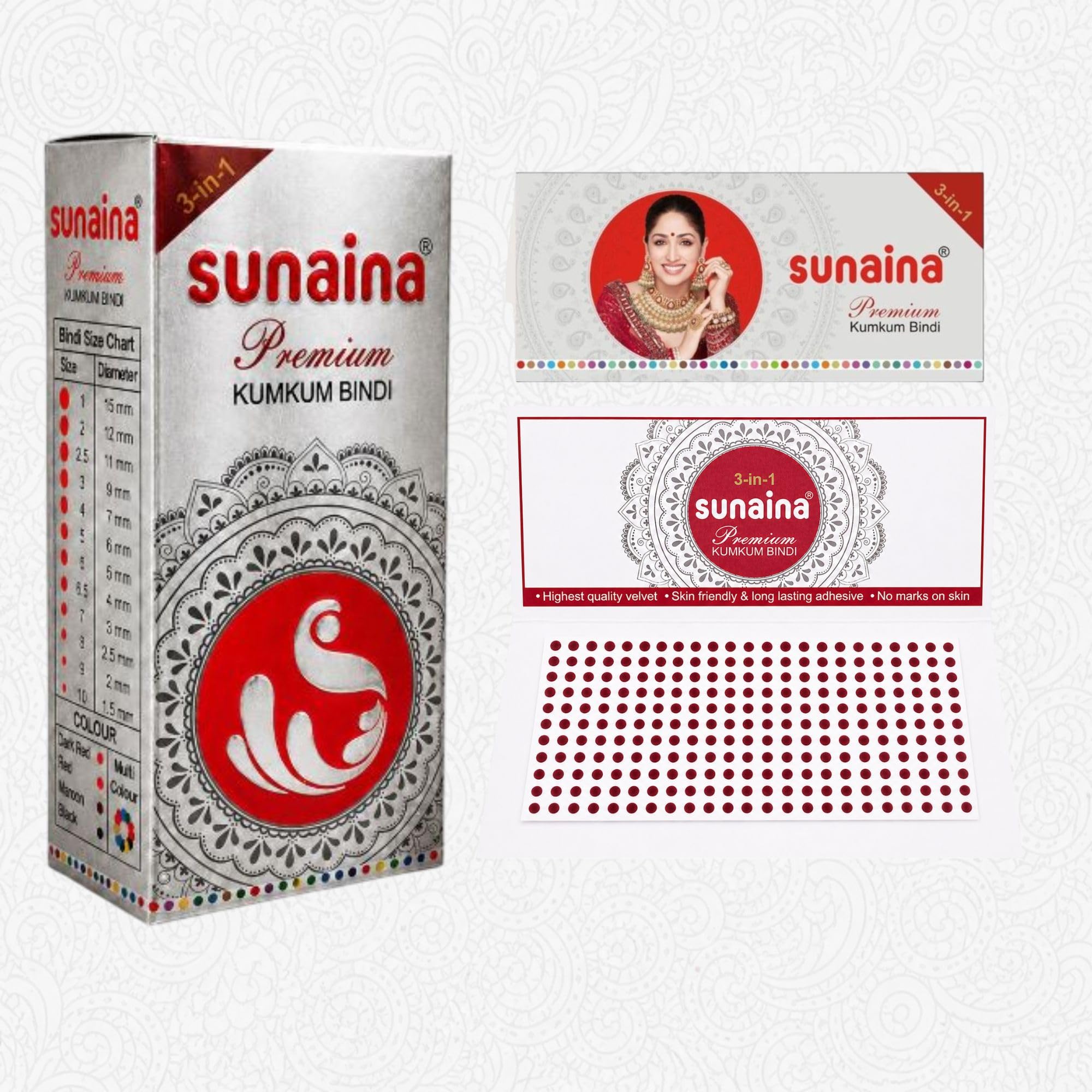 Sunaina New Premium Kumkum Forehead Bindi Silver Box | Maroon Velvet Silver Sticker for Girls and Womens Bindis for Daily & Festival Wear | Pack of 1 Box of 15 Cards/Flaps 1.5mm (Size-10)-picture-16