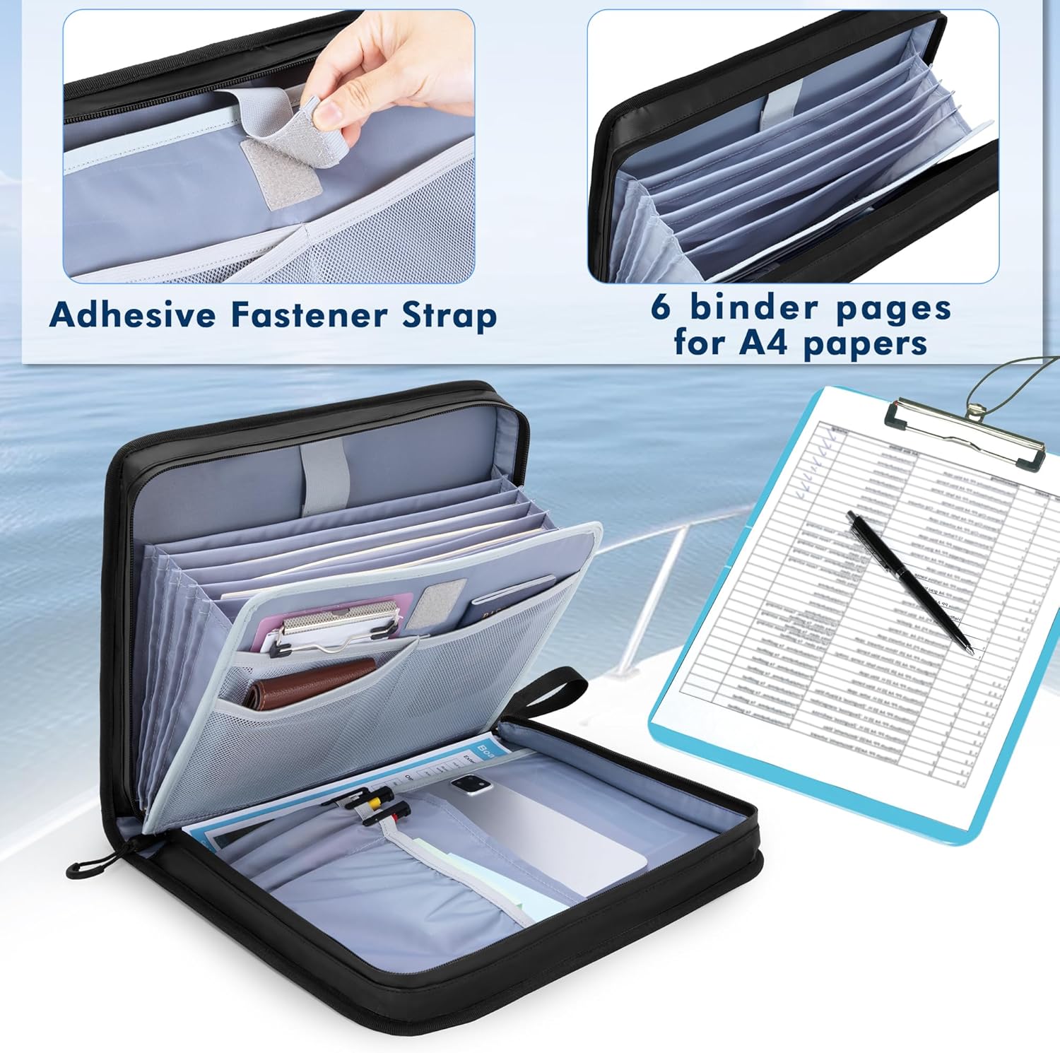 GRAOSO Boat Document Holder, Waterproof Travel Document Folder with 6 Expandable Folders for A4 Papers, with 1 Handle Loop, Reflective Strip and Customized Name Frame, Patented Design
