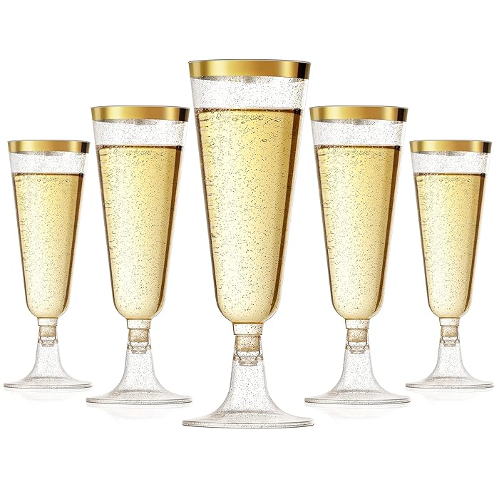 Buy 20 Pack Plastic Champagne Flutes Disposable Gold Rim Gold Glitter