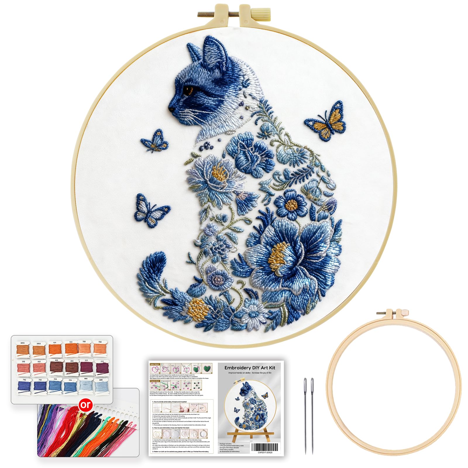 JOZYSH Kit de bordado con patrón de gato y mariposa de flores azules para principiantes y adultos, incluye tela, aro, hilos de color, agujas e instrucciones (idioma español no garantizado), punto a