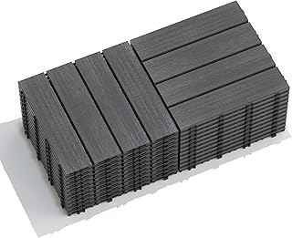Patio Floor Tiles Pack of 22 WPC Wood-Plastic Composite Patio Deck Tiles DIY Interlocking Decking Tiles, Quick Deck Floor Tile, Court Tile, Water Resistant Indoor Outdoor -11.8" ASH