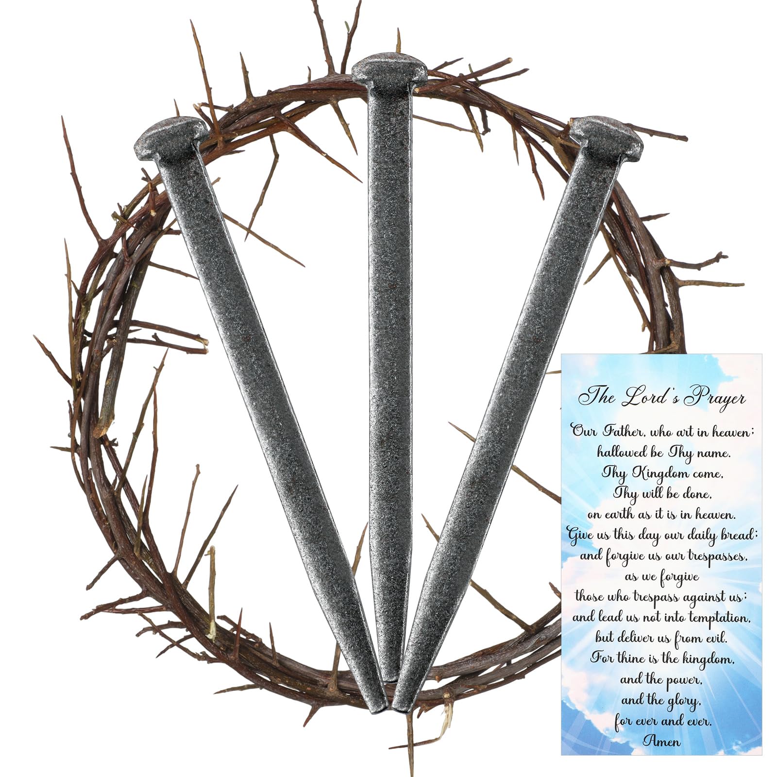 Sosation 5 Pcs Crown of Thorns Set Include 1 Pc Christian Easter 8 in Crown of Thorn and 3 Pcs Crucifixion Nails with Prayer Request Card for Easter Wreath Jesus Christ Decor