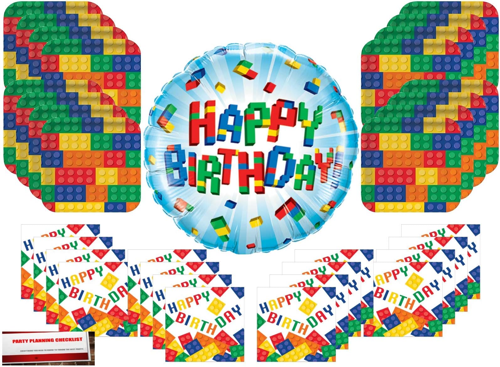 Building Blocks Birthday Party Supplies Bundle Pack for 16 with 18 Inch Balloon (Plus Party Planning Checklist by Mikes Super Store)