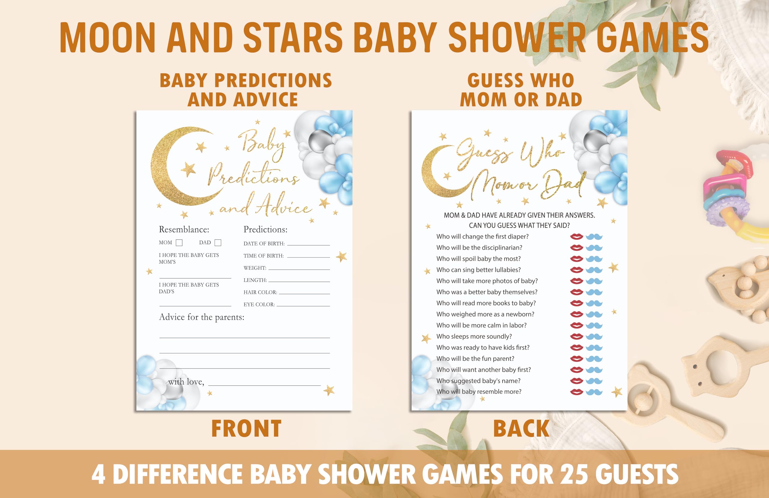 Moon Stars - Juego de juegos para baby shower, 4 juegos que incluyen trivia de bebé, pelea de baby shower, predicciones y consejos para bebés, Adivina quién mamá o papá, 50 tarjetas de doble cara y 1