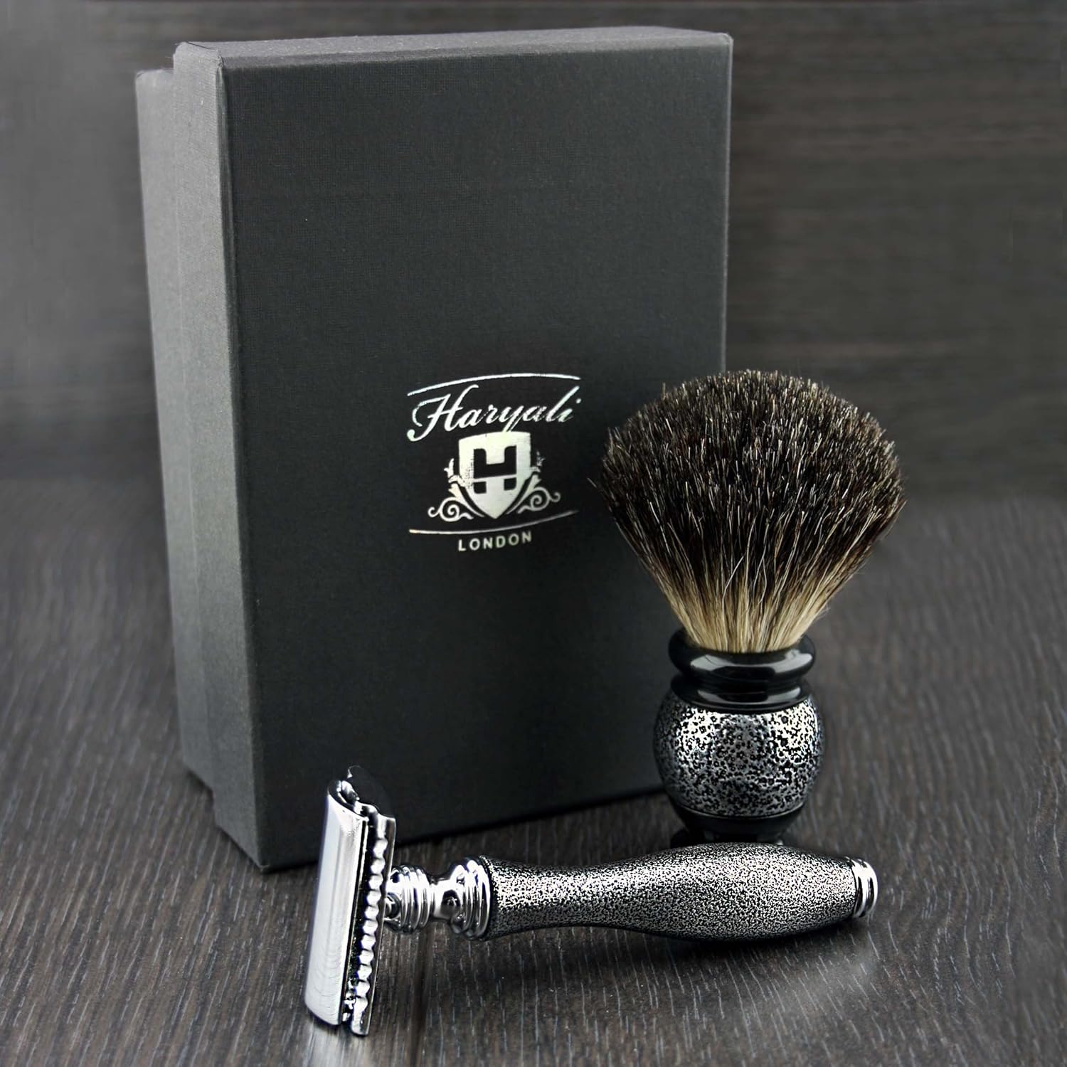 DE Safety Razor with Black Badger Hair Brush.Men's Shaving Set Designed with Hand Assembled Antique Features.