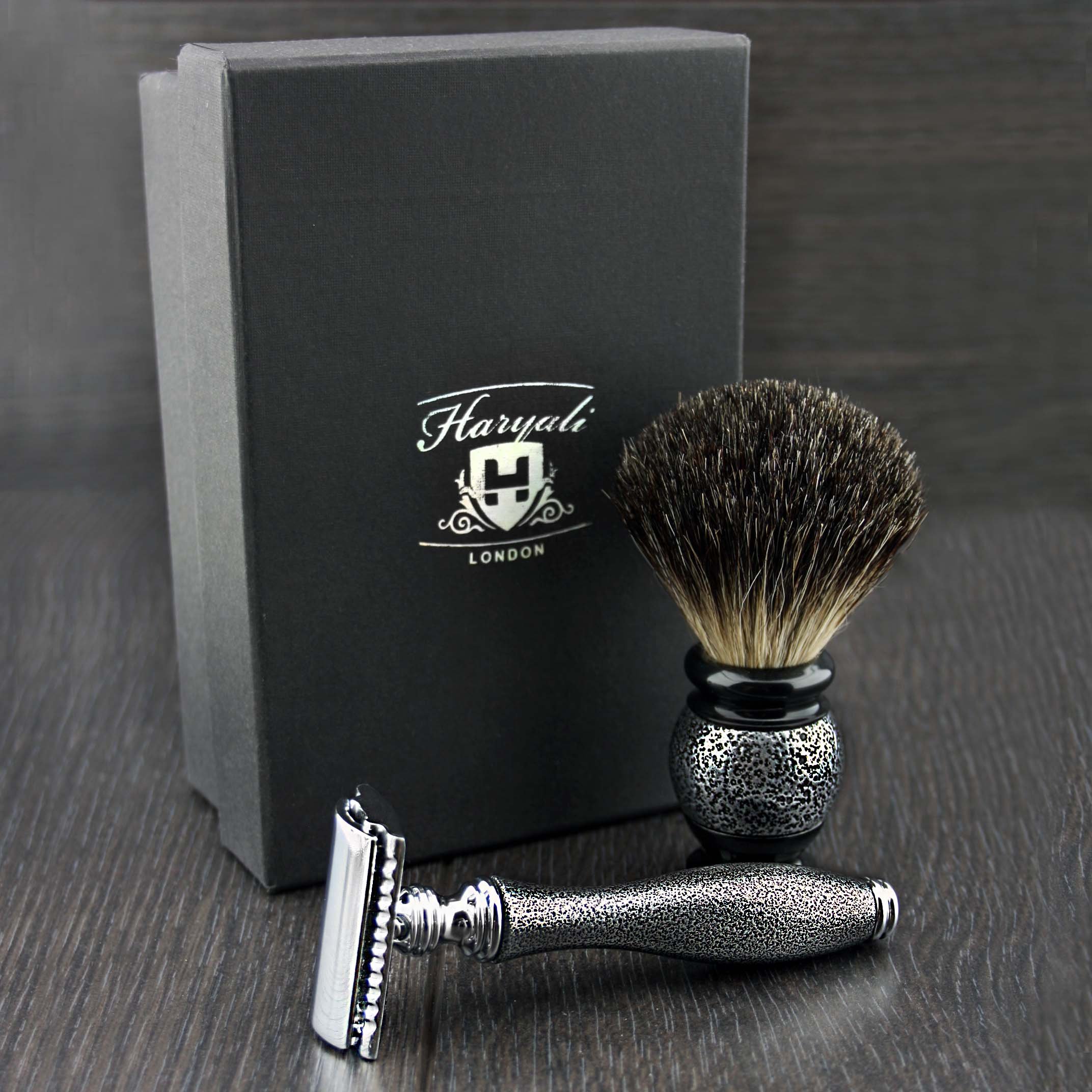 DE Safety Razor with Black Badger Hair Brush.Men's Shaving Set Designed with Hand Assembled Antique Features.