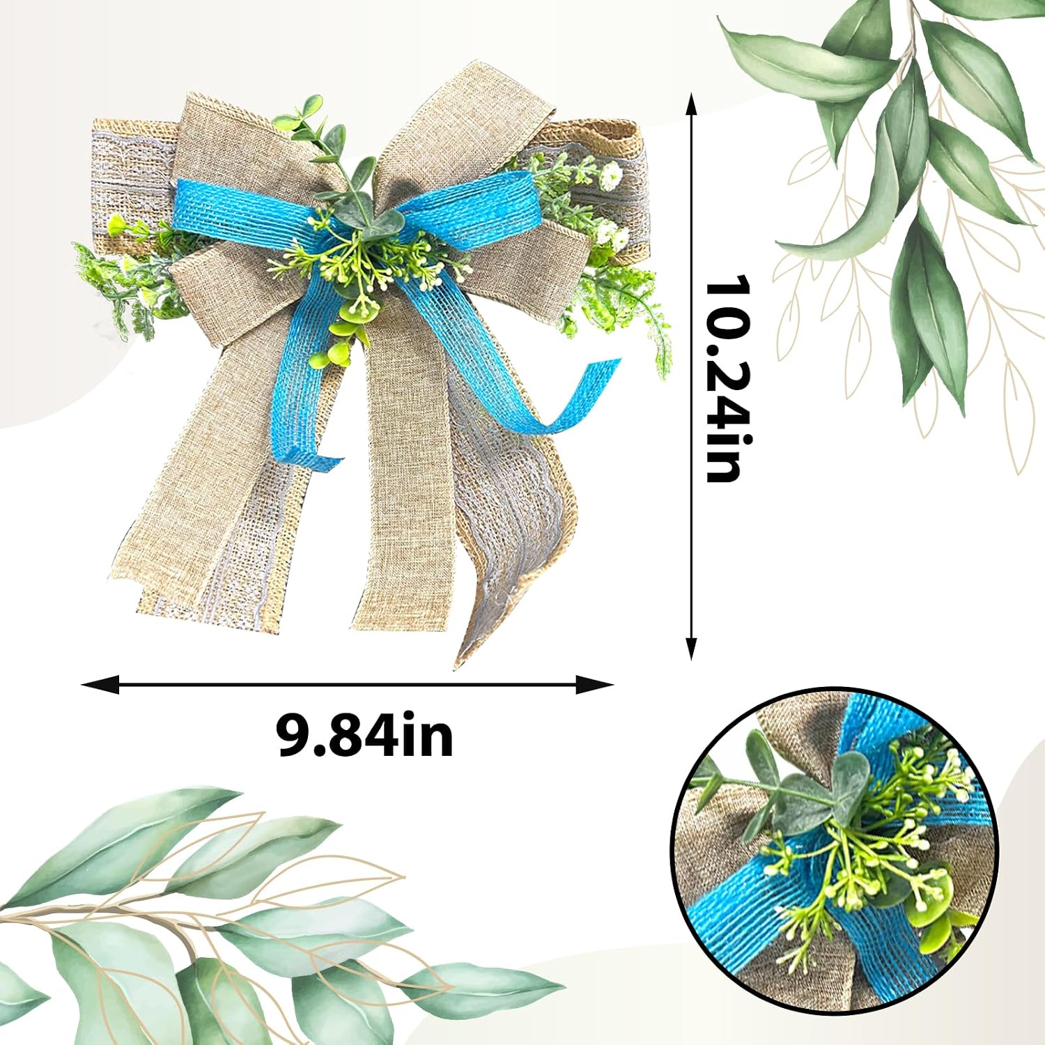 Linen Bow for Wreath, Rustic Jute Farmhouse Wreath Bow with Artificial Flower for Front Door Decor Blue Rustic Crafts Decorative Tree Topper Ornament Decorative Bow