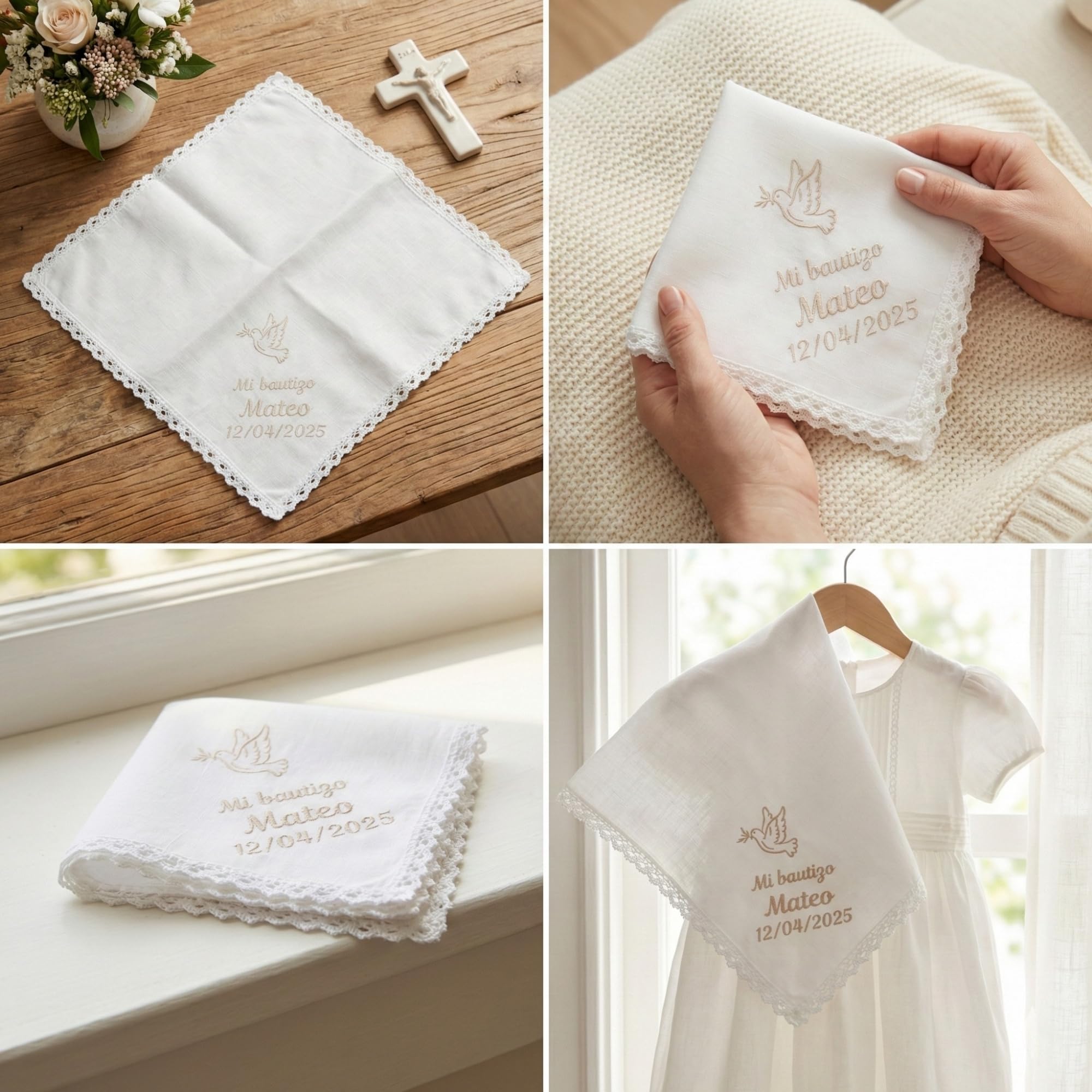 SticTag Pañuelo Bautizo Personalizado Bordado con Nombre y Fecha – Paño Bautismo de Lino y Algodón Natural – Pañuelo Bautizo Niño Niña – Regalo Bautizo Personalizado - 5