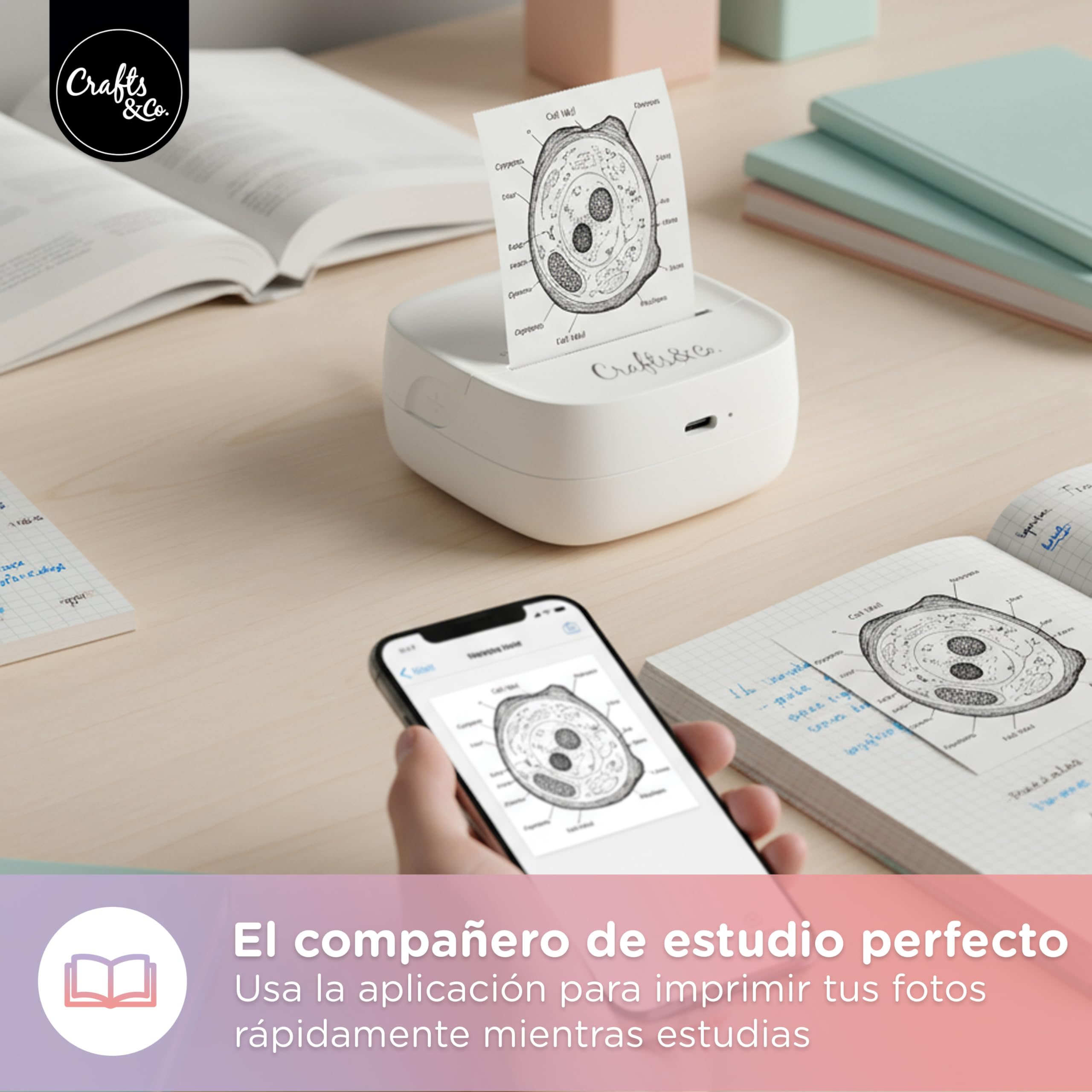 Crafts&Co Mini Pocket Impresora | Impresora fotográfica portátil Bluetooth para smartphone pegatinas y notas | impresora térmica sin tinta | tamaño 8 x 8 x 3 cm blanco