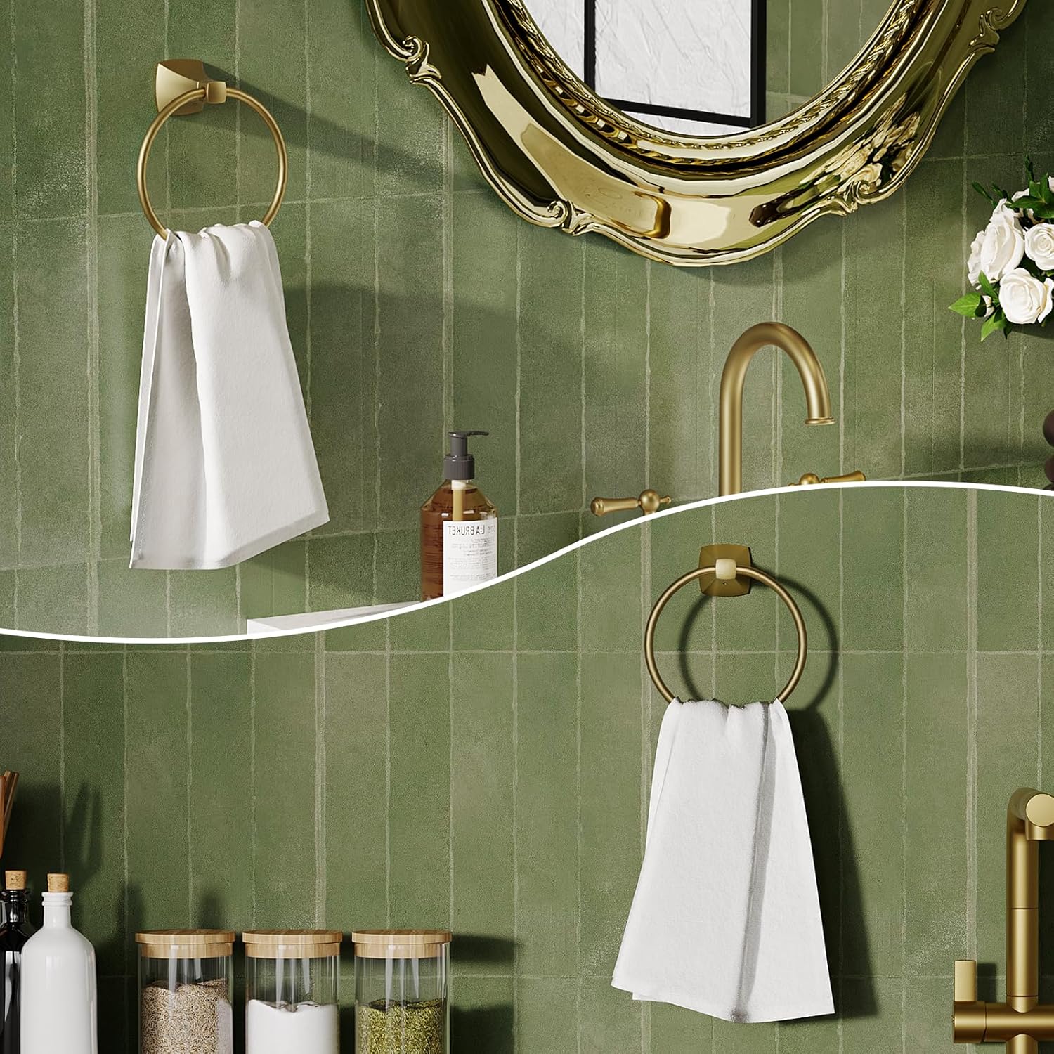 Hand Towel Holder for Bathroom Brushed Gold Towel Ring Stainless Steel and Zinc Alloy Towel Hanger Wall Mount for Bath, Kitchen, 2 Pack