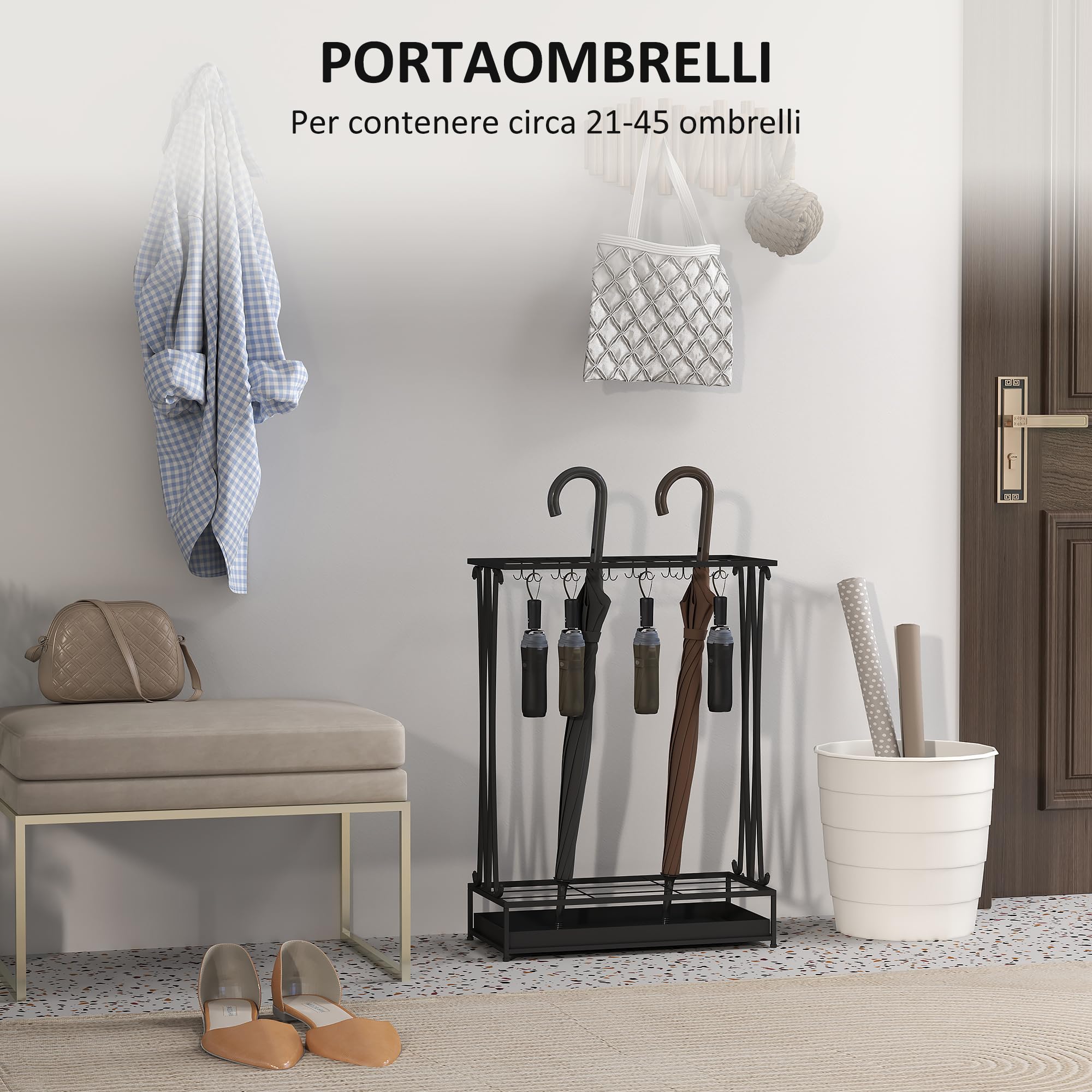 HOMCOM Portaombrelli per Interni con Vaschetta Scolapioggia, 21 Fori e 24 Ganci per Ombrelli, Porta Ombrelli in Acciaio, 50x24x68 cm, Nero