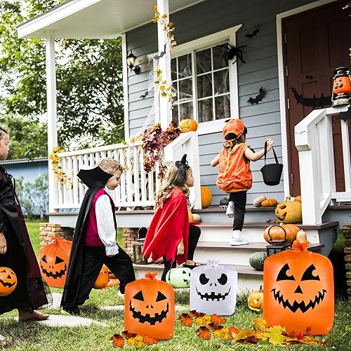 Miniatura 6 de CHANGE MOORE Bolsas de césped de hojas de Halloween, 7 unidades, 4 diseños, bolsa de césped de calabaza con lazos giratorios, decoraciones de