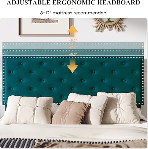 Miniatura 13 de SHA CERLIN Base de cama de terciopelo tamaño Queen con cabecera ajustable, botón de diamante y decoración de remaches, no necesita somier, color