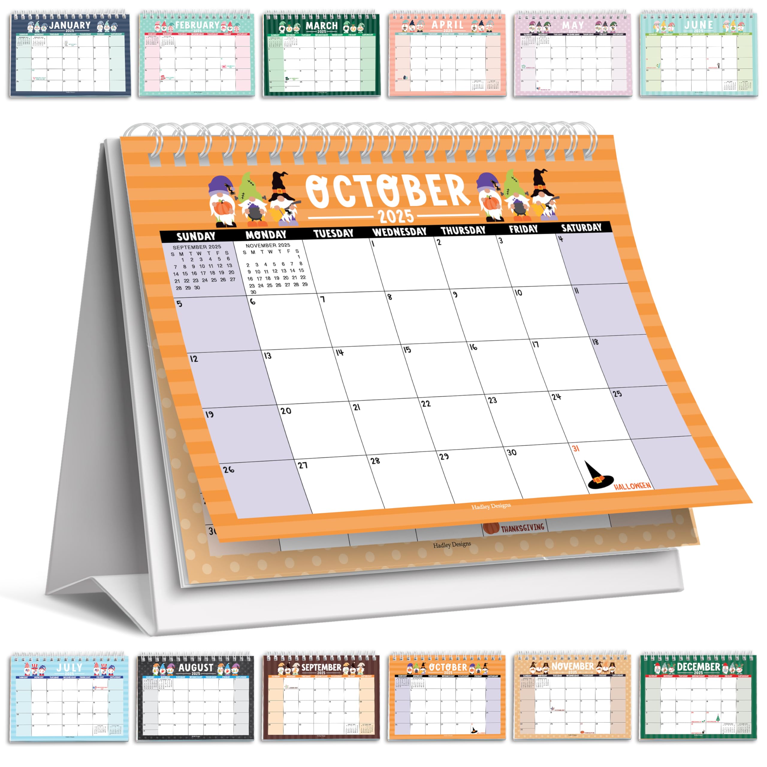 Hadley Designs Small Desk Calendar 2025-2026 Standing Flip – 18-Month Flip Calendar for Desk, Ideal for Office, Home, & Classroom – Cute Monthly Designs, Compact & Sturdy (Gnome)