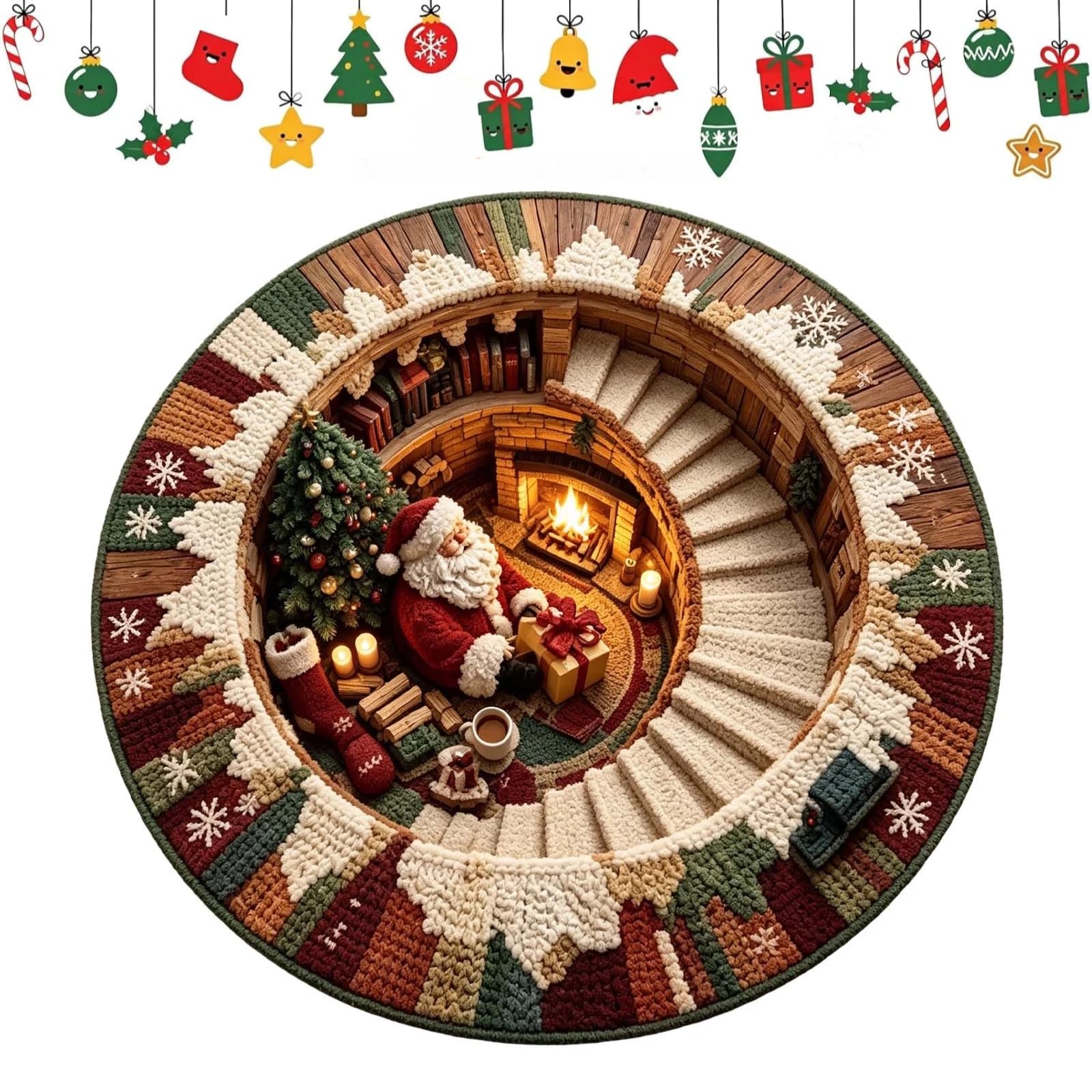 3D Christmas Rugs Optical Illusion Mat Round Santa Non‑slip Area Rug 2027