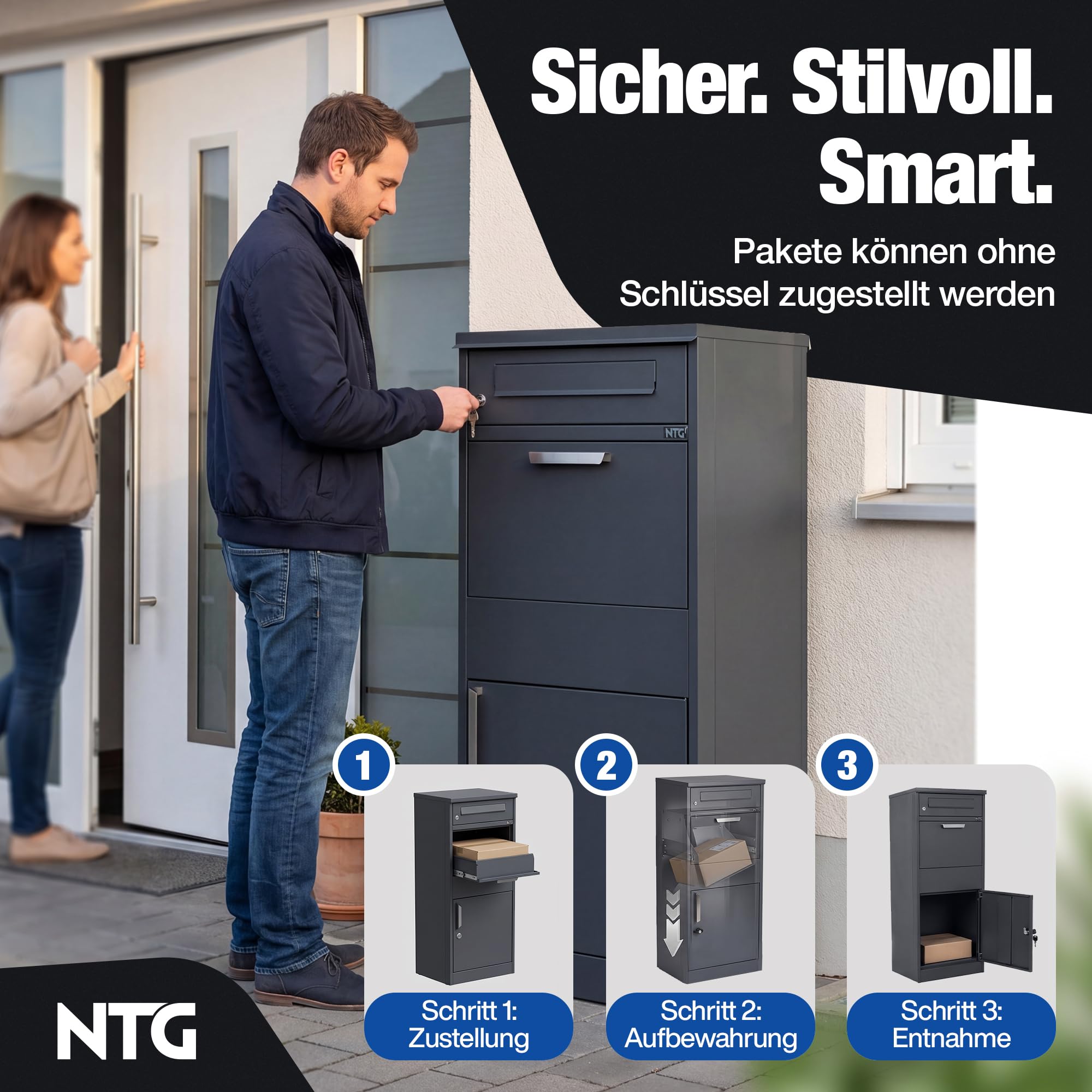 NTG Paketbox Draussen groß XXL – Wetterfest & Abschließbar – Paketbriefkasten XXL aus verzinktem Stahl – Standbriefkasten freistehend – Pakete bis 400x280x200mm – Inkl. 4 Schlüssel & Bodenmontage