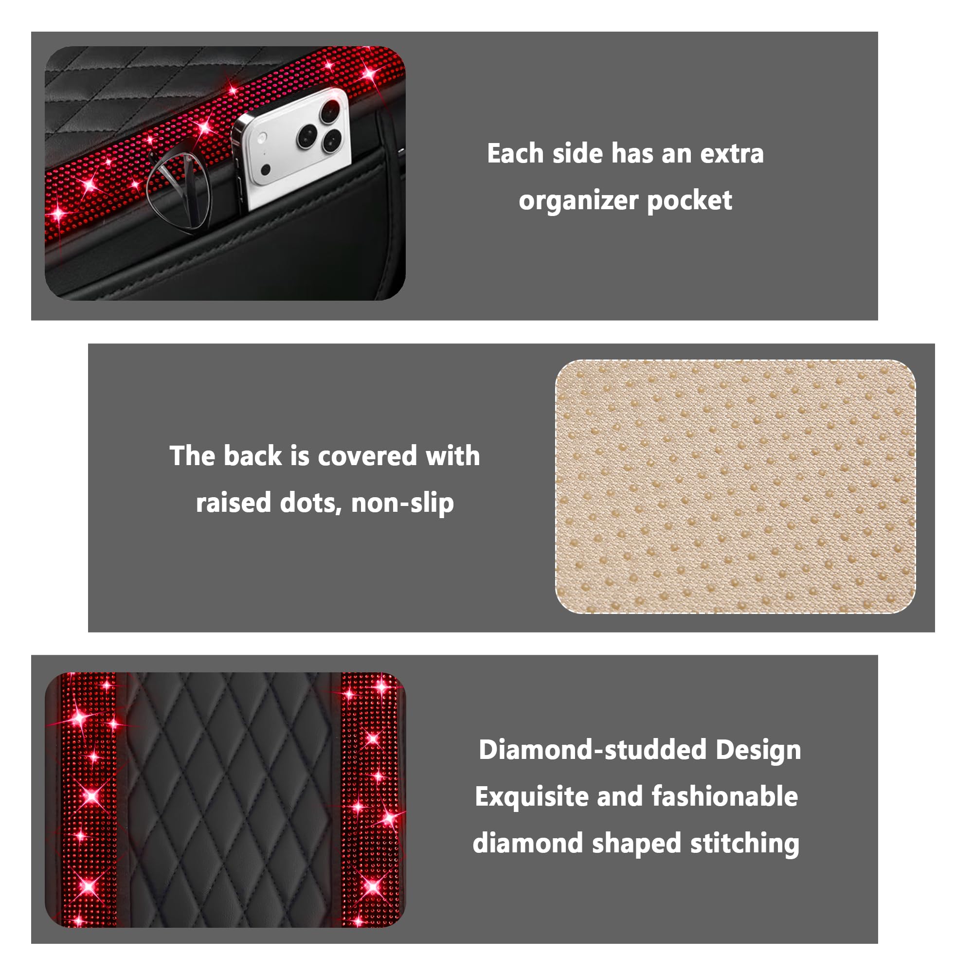 Stacool Upgraded Car Center Console Cover with Rhinestones,Microfiber Leather Car Armrest Cover Cushion with 2 Storage Bags,Universal Cars Armrest Storage Box as Cars Interior Accessories view 3
