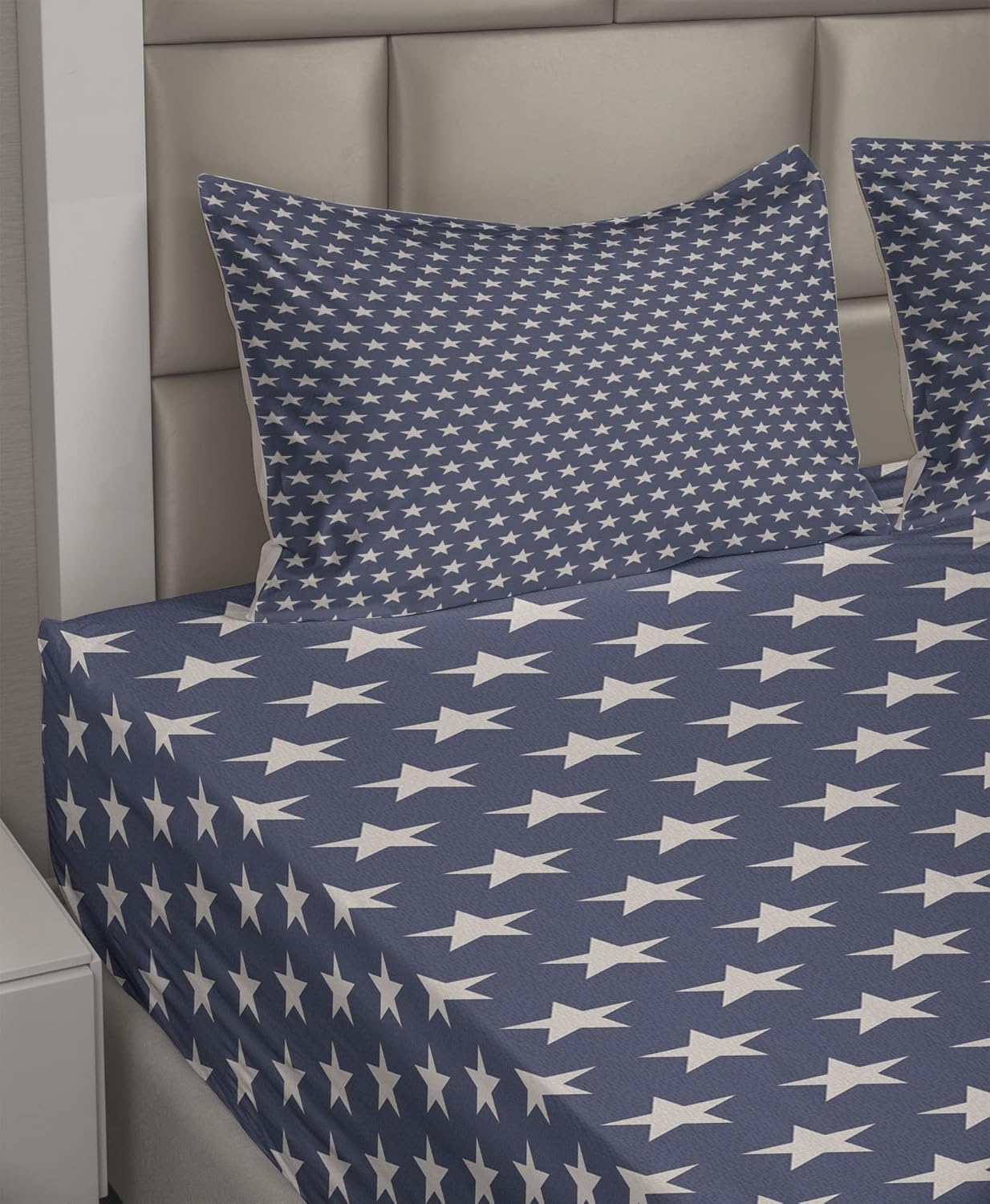 Ambesonne Star Sheet Set, Patriotic Star of The American Flag Independence Themeds of Freedom, Fitted and Flat Sheet with Pillowcases Bedding Accent 4 Piece Set, Queen, Night Blue Tan