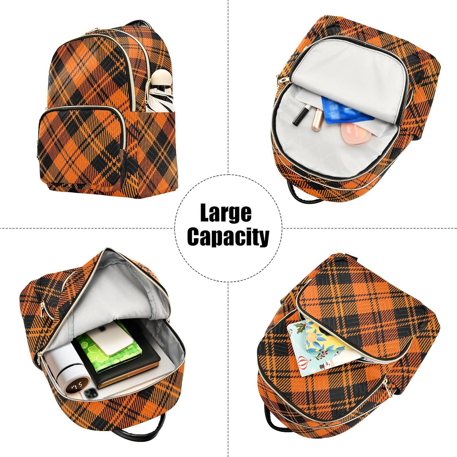 JIPONI Orange Black Buffalo Plaid Backpack Purse for Women Lightweight Back Pack Casual Daypack Travel Shoulder Bag Bookbag - M - Image 5
