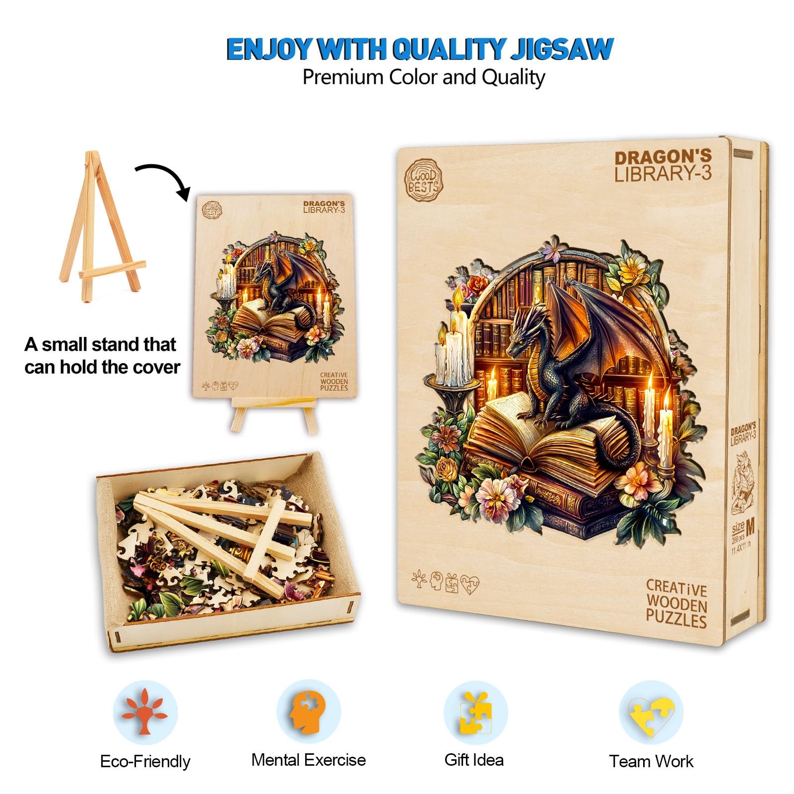 Wooden Puzzles for Adults 290pcs Dragon's Library Wood Jigsaw Puzzles for Adults Unique Animal Shape Puzzles with Wooden Box - Image 3