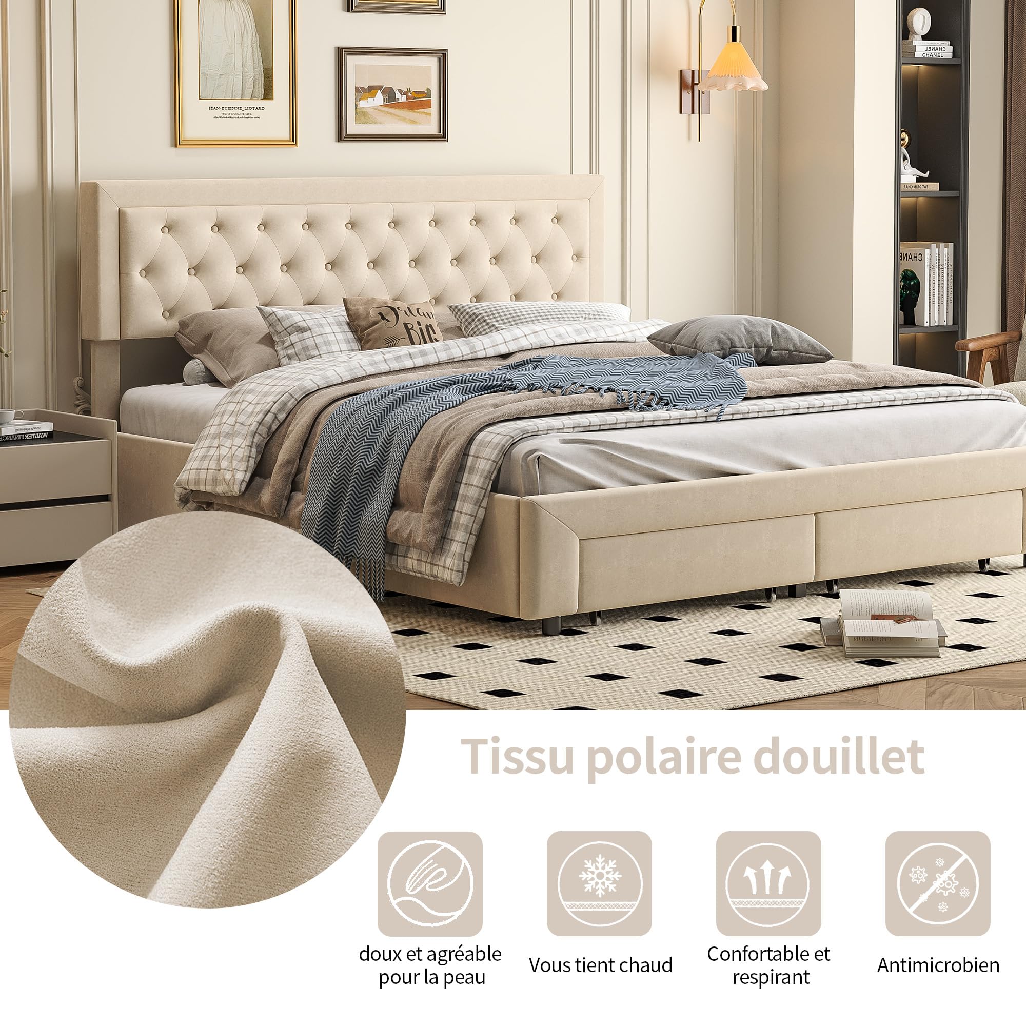 CDQL Łóżko podwójne 180 x 200 cm, tapicerowane łóżko z miejscem do przechowywania, łóżko młodzieżowe z 2 szufladami i drewnianym stelażem, hydrauliczna rama łóżka, łóżko funkcyjne, aksamitne, beżowe
