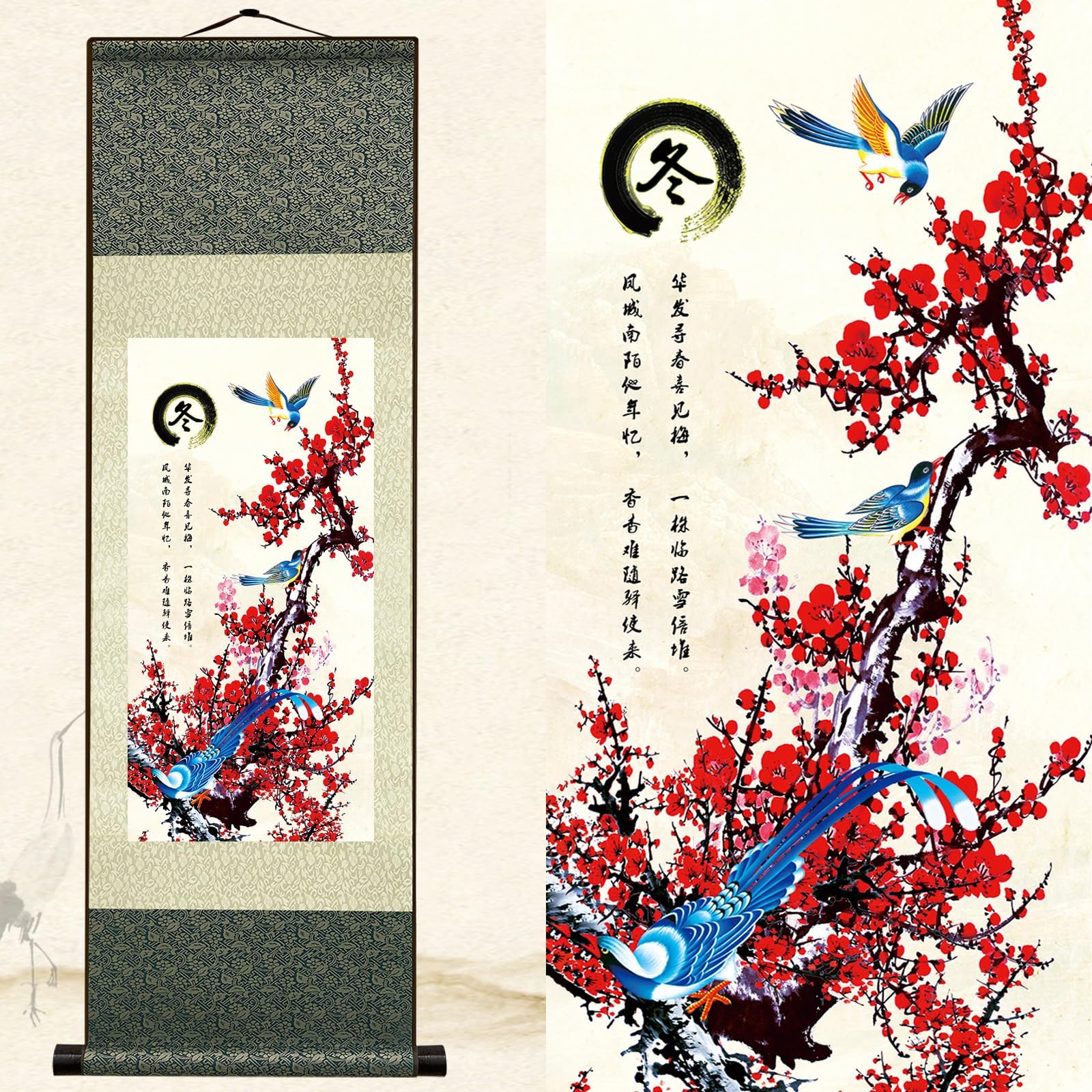 Newscz Asian Wall Art for Living Room Chinoiserie Decor Vertical Wall Scroll Silk Scroll Painting Art Poster Four Seasons Painting - Winter Oriental Decor Art Mural Ready to Hanger 36 x 12 in