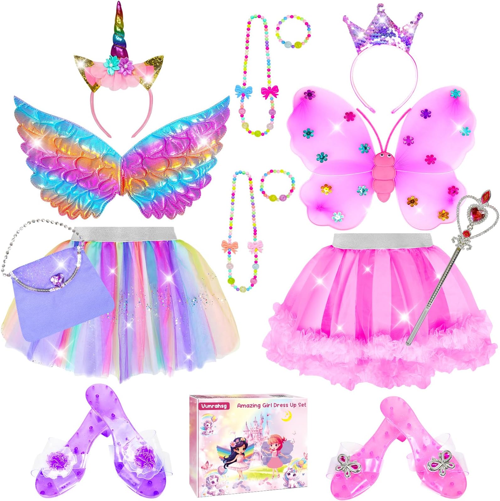 Princess Dress Up for Girls 4-6 With Tutu Shoes Jewelry Unicorn Headband Butterfly Wing Toddler Dress Up Clothes Pretend Play Fairy Costumes Set for Girls Christmas Birthday Gift 3 4 5 6 7 Girl Toys
