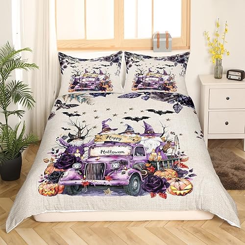 Miniatura 3 de Manfei Juego de funda de edredón de Feliz Halloween, tamaño matrimonial, funda de edredón de fantasmas de gnomos lindos con 2 fundas de almohada,