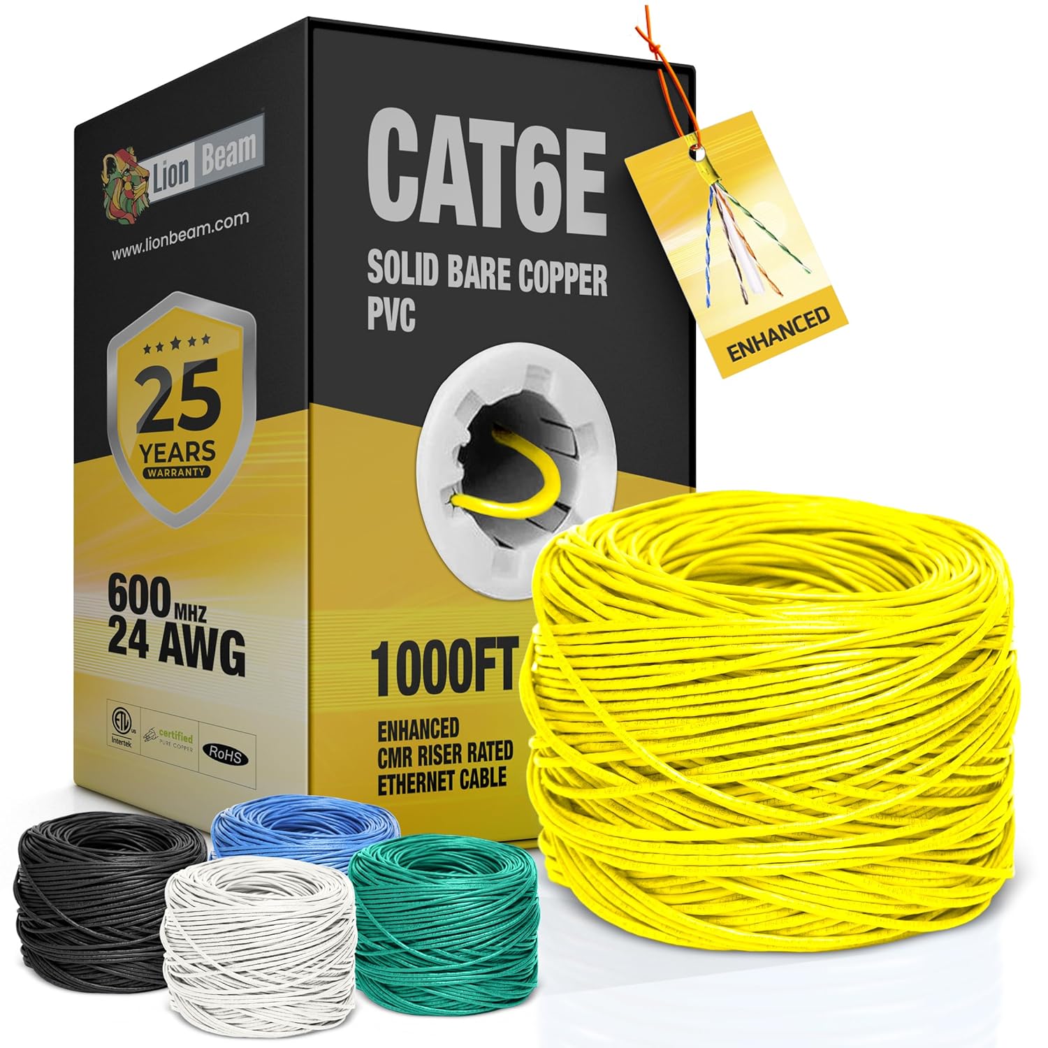 LION BEAM™ Solid Bare Copper Cat6e Ethernet Cable 1000 FT Box 24AWG PVC-CMR Insulated Network Cable 600 MHz High-Speed 10Gbps UTP Bulk Ethernet Riser Cable with Fast Reel Yellow