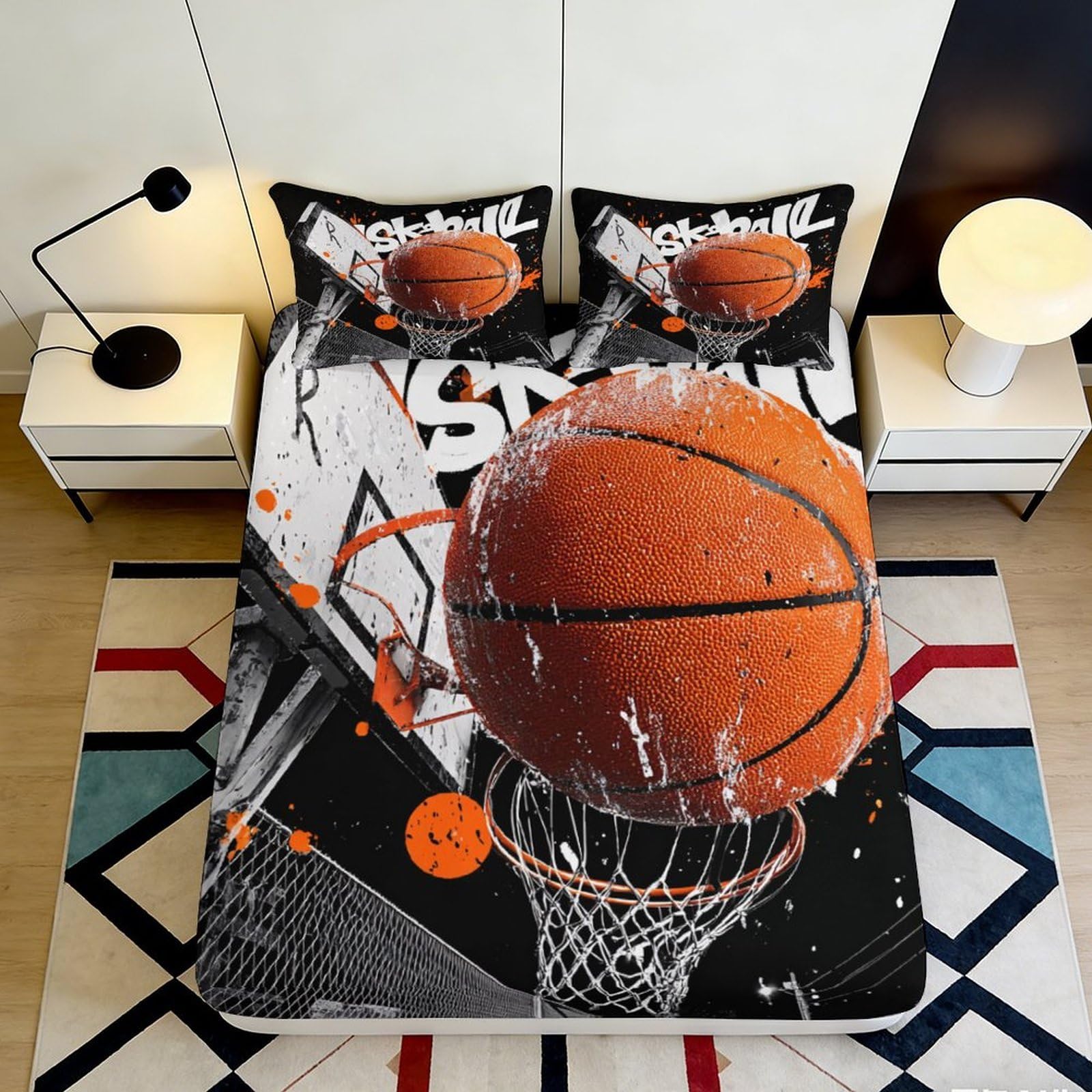 Jxqhbvmg Style-7 3D Printed Basketball Fitted Sheet Microfiber Deep Pocket Bedroom Bedding Non-Slip Basketball Mattress Fitted Cover Washable For All Ages 90X200x25cm