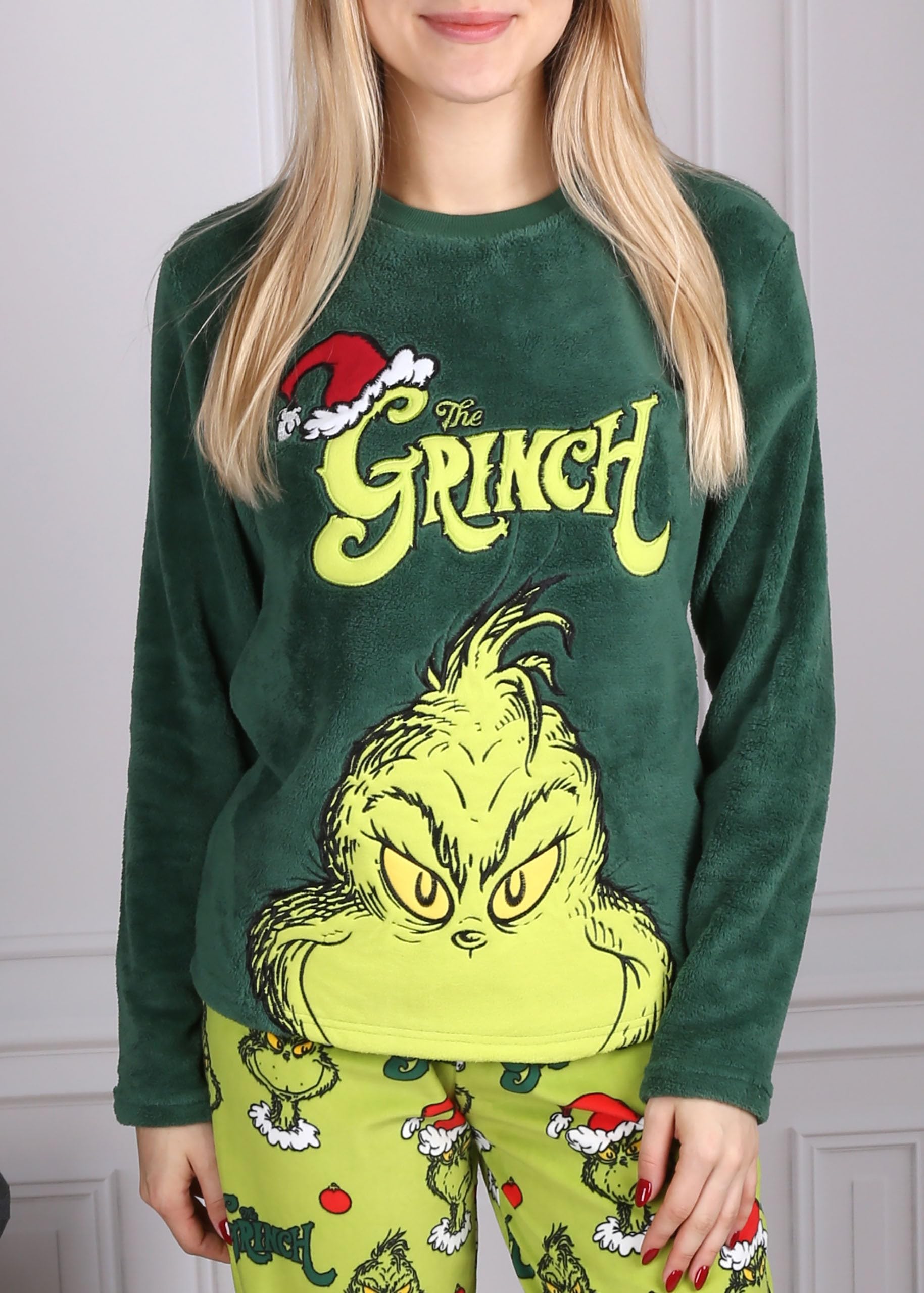 sarcia.eu Pigiama da Donna in Pile Verde Grinch, Caldo, a Manica Lunga, Festivo