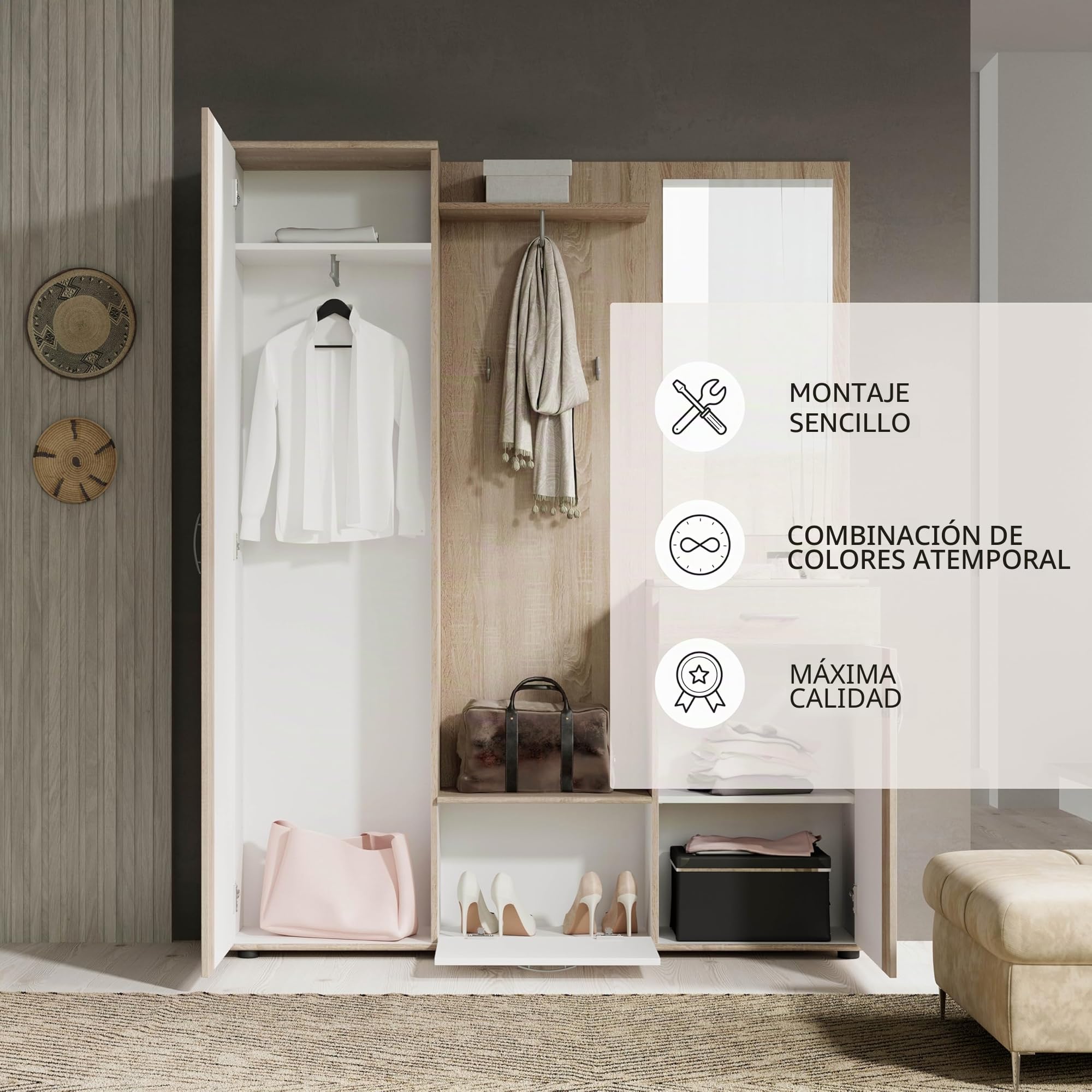 Stella Trading Patent Conjunto de Armario/Perchero en Acabado Roble Sonoma, Blanco, Elegante Armario Compacto con Espejo para tu Zona de Entrada, 145 x 184 x 29 cm (Ancho/Alto/Profundo), marrón