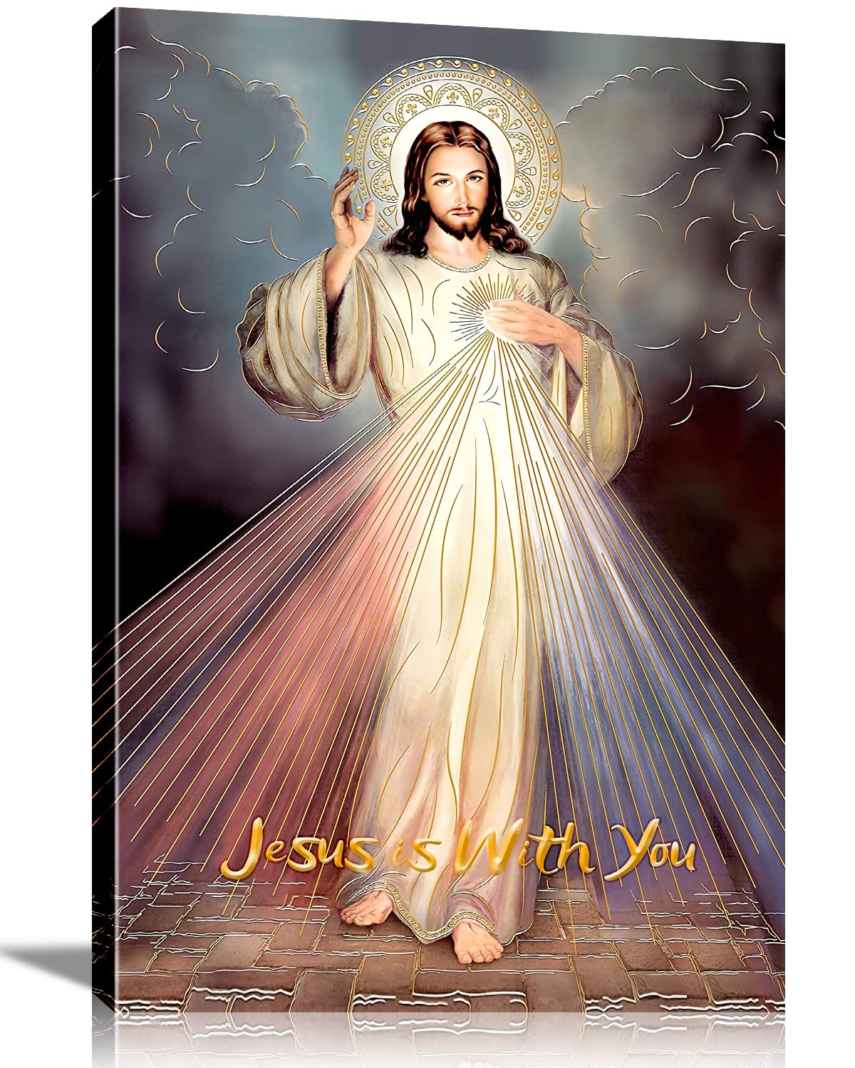 Framed Jesus Mercy wall art Canvas Decor Divine Catholic Christianity Sacred Heart for Faith living room bedroom dining room for Pictures Posters Prints Paintings Artwork 24x36(60x90cm) inch