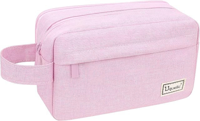 Uquelic Large Pencil Case with 3 Compartments, Pencil Cases Big Capacity with Handle, Pencil Bag Pouch Desk Organizer for Boys Girls Students and Office Supplies, Pink