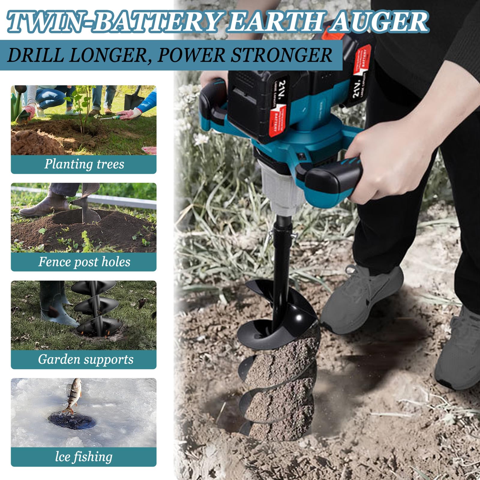 Punta da terra a batteria professionale, 1200 W, senza spazzole con 2 batterie da 4000 mAh, punta da 14 x 80 cm, trapano elettrico senza spazzole, adatta per trapano da terra con diametro da