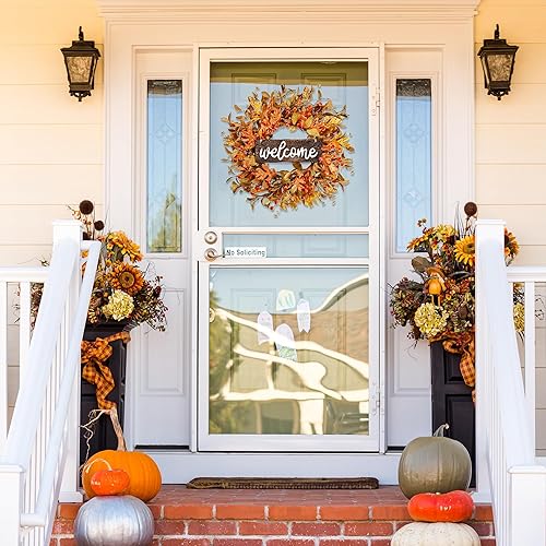Vista 2 de Sggvecsy Artificial Fall Wreath - 18'' Autumn Front Door Wreath with Fall Leaves, Small Pumpkins, Cluster of Berries for Outside, Indoor, Wall