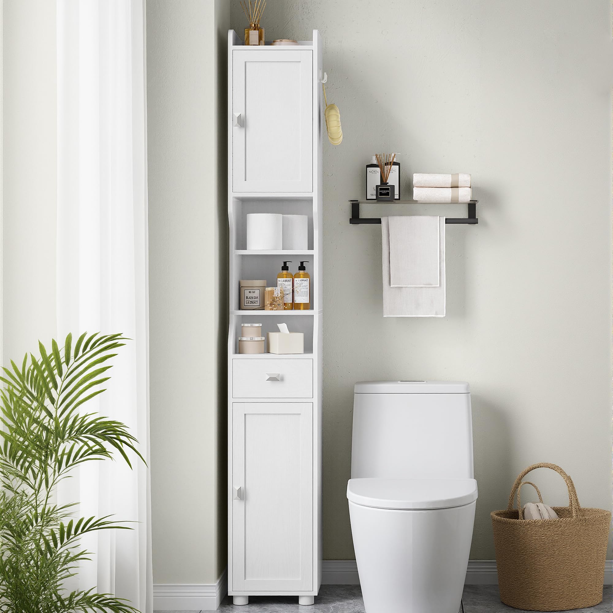 HEXCELEN Mobile da Bagno, Mobile da Bagnos Alto con 2 Ante e 1 Cassetto, Ripiano Regolabile, Scomparti Aperti, Mobiletto Bagnos Salvaspazio, per Bagno Soggiorno Camera da Letto 28 x 28 x 180 cm Bianco