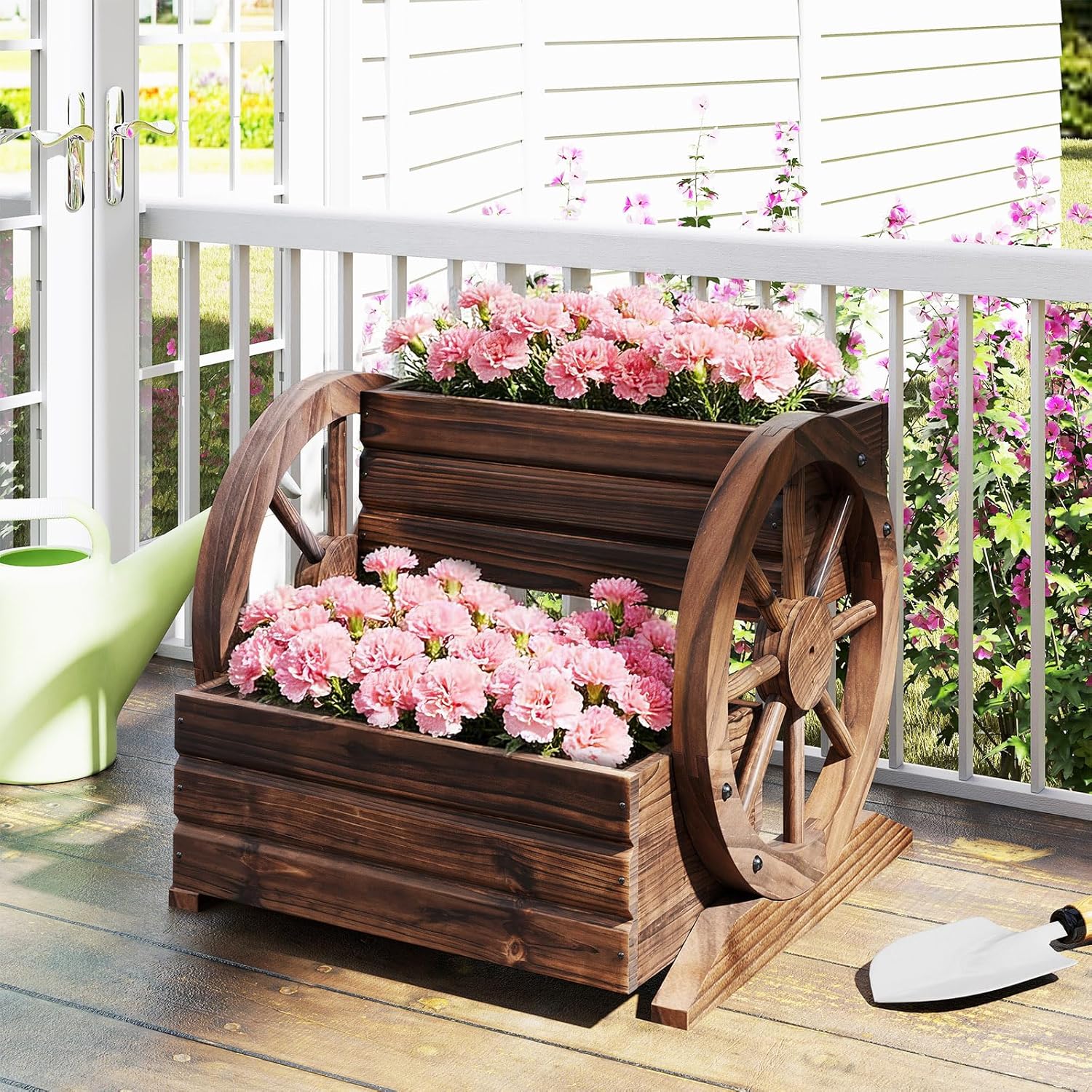 Byroce Wooden Wagon Planter Box, 2-Tier Raised Garden Bed with Drainage Holes for Flowers, Vegetables & Herbs, Indoor Outdoor Decorative Wheel Cart for Patio, Yard & Balcony, Rustic (1)