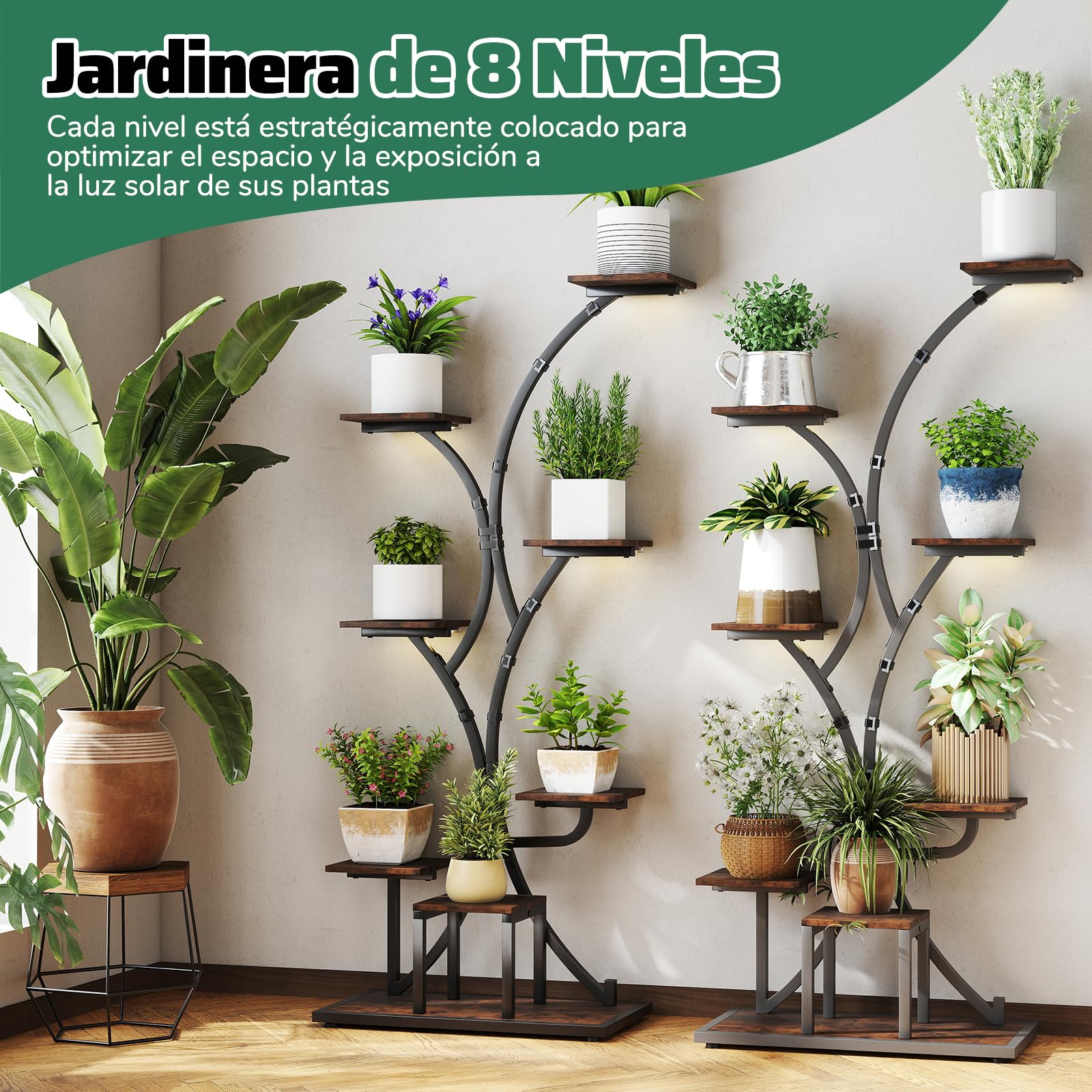 COSTWAY Soporte para Plantas de Interior con Luces de Cultivo, Estante para Plantas de Esquina de 8 Niveles, Soporte para Macetaa para Múltiples Plantas para Sala de Estar Balcón, 67 x 30 x 146 cm (1)