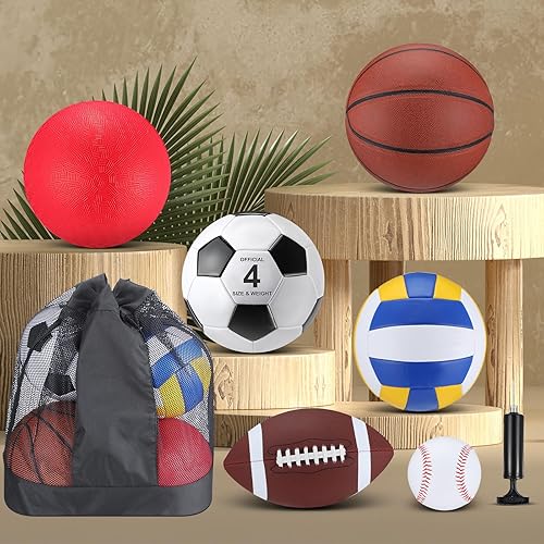 Miniatura 4 de Deekin 12 Pcs Assorted Sport Ball Set for Kids Official Size Basketball Football Volleyball Soccer Baseball Playground Ball with Bag and Pump for