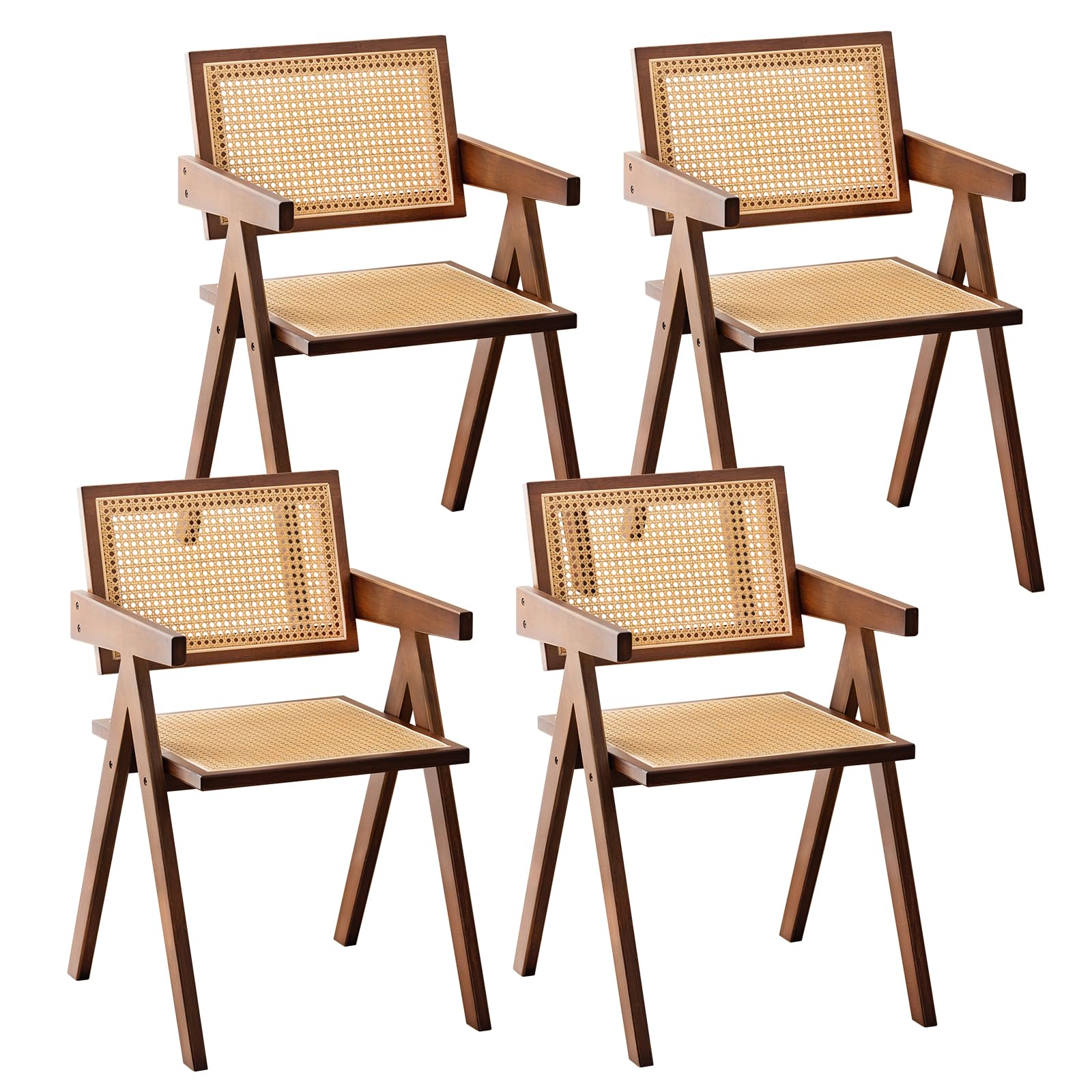 Furlide Rattan Accent Chairs, Modern Mid Century Dining Chairs Set of 4, Comfy Armchairs, Outdoor Rattan Chairs with Armrest for Bedroom Living Room