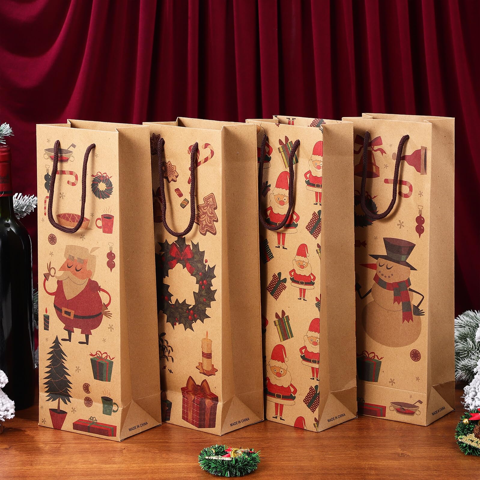 MOLUCKFU 12 Pezzi Sacchetti Regalo Bottiglie Vino Natale in Kraft Resistente e Riutilizzabile Borse Porta Vino Decorativi per Feste e Regali Natalizi