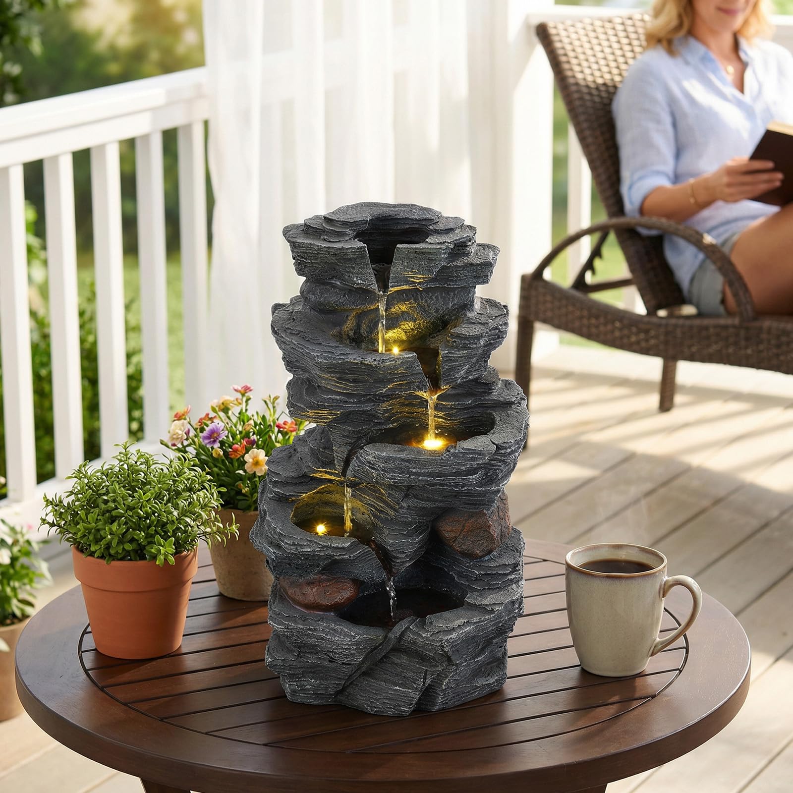 COSTWAY Fuente de Agua en Cascada 5 Niveles, Iluminación LED Bomba, 45,5 cm | Fuente Jardin Exterior, Decoración Independiente de Mesa o Suelo Salón Patio Terraza