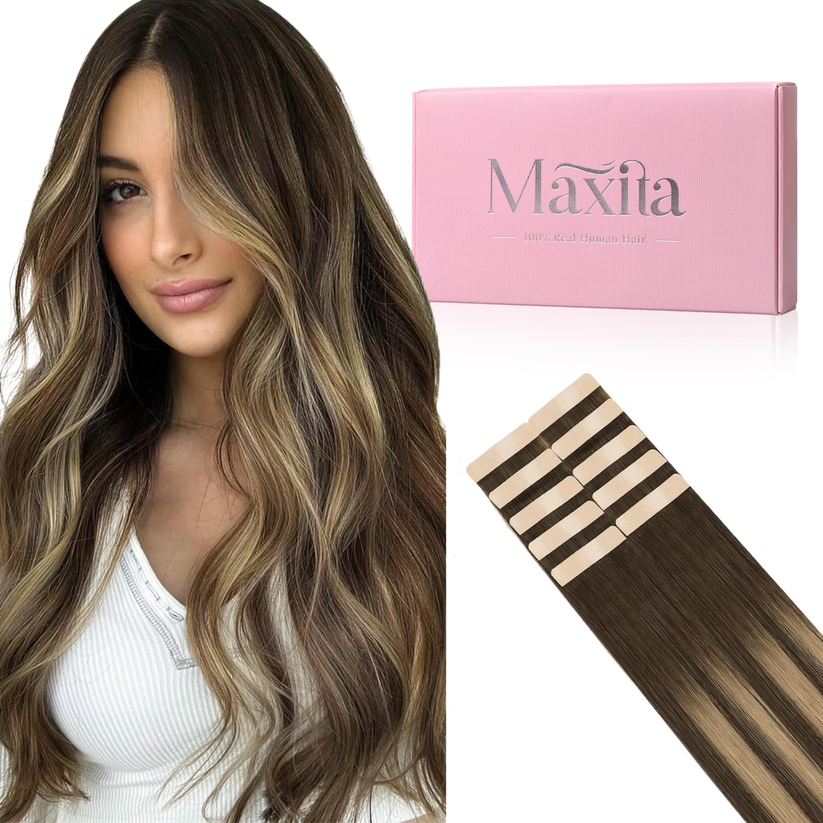 MAXITA Tape in Hair Extensions Human Hair 4/27/4 Chocolate Brown Mixed Caramel Blonde Balayage 14 Inch 25g 10pcs Thick Ends Straight Seamless Tape ins