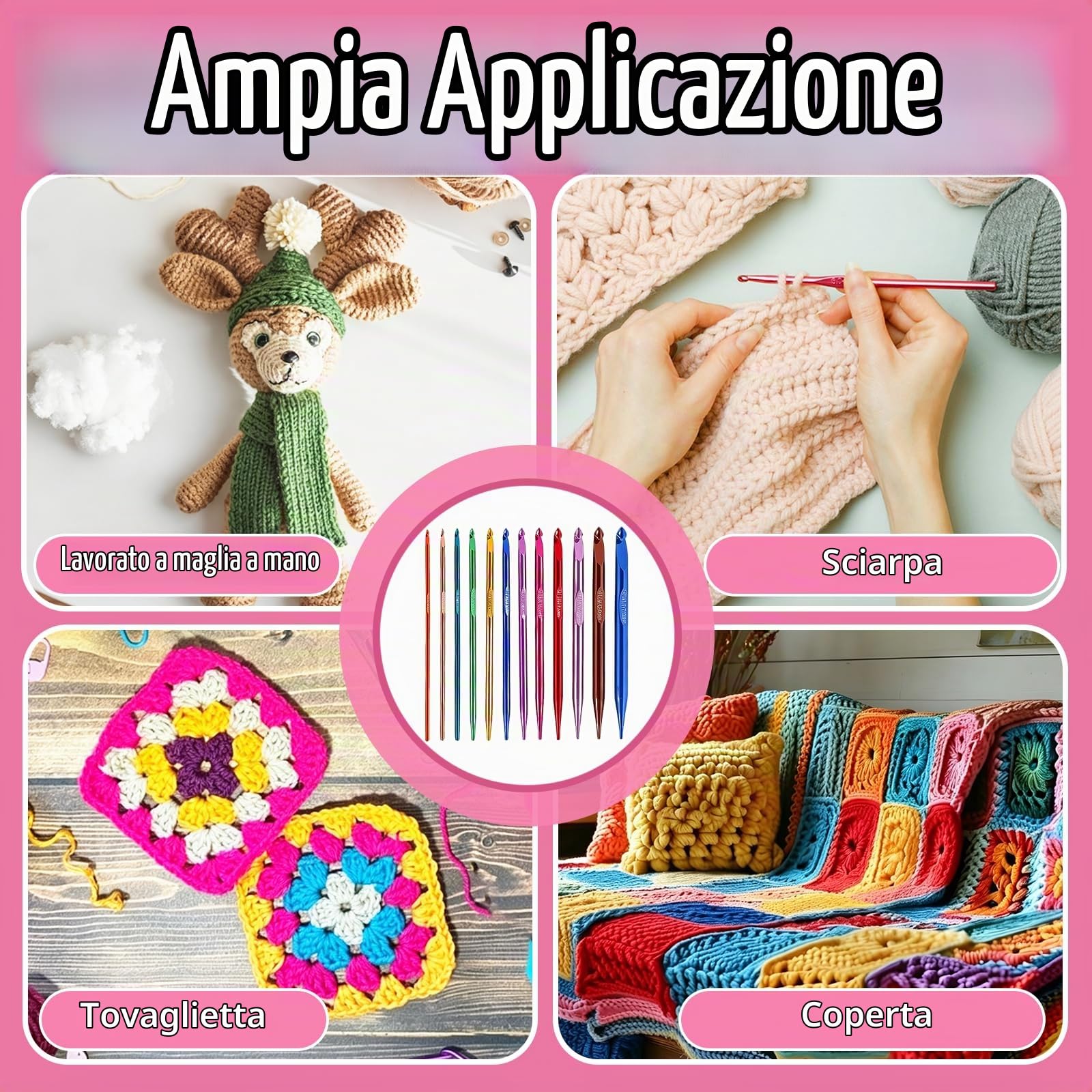 Uncinetto, Uncinetto Set con 12 Misure di Uncinetti in Ossido di Alluminio Cavo da 40 cm/60 cm/80 cm/100 cm Anelli di Marcatura e Vari Accessori per Principianti e Appassionati di Uncinetti