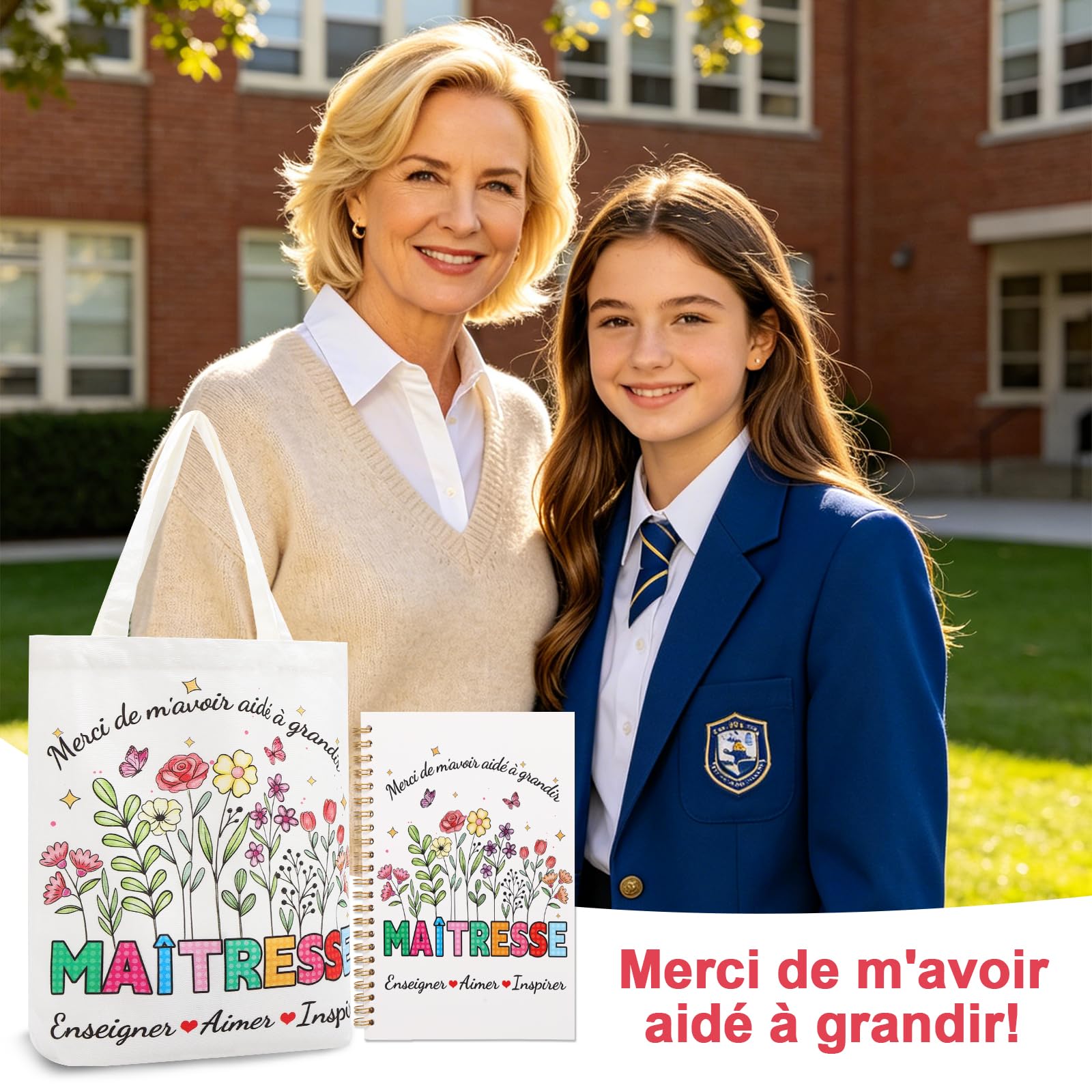 Echehi Cadeau Maitresse d'École Fin d'Année, Avec Tote Bag, Carnet A5, Stylo
