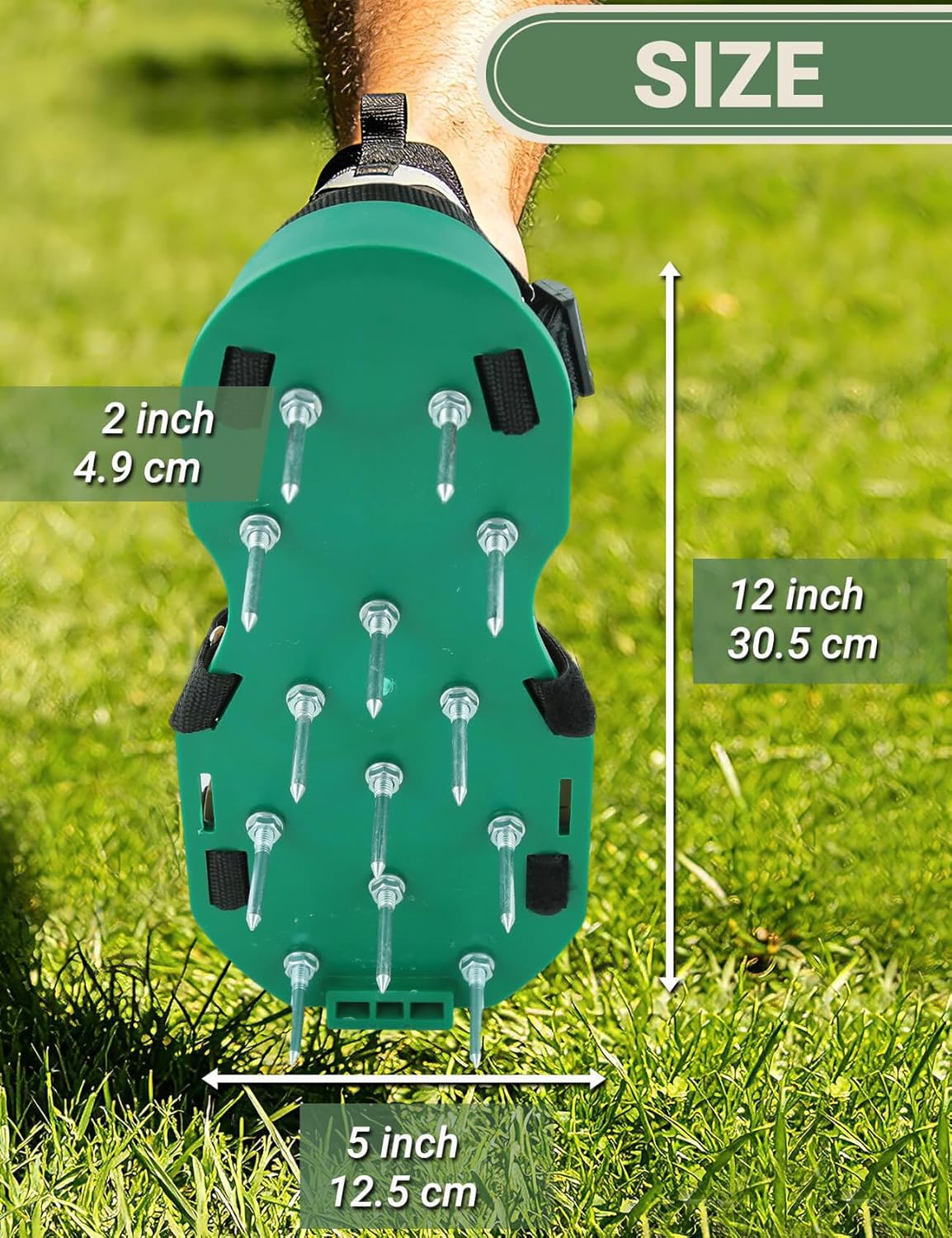 Lawn Aerator Shoes with Dual Straps on Instep for Effectively Aerating Lawn Soil, Aerator Lawn Tool One Size Fits All Pre-Assembled Heavy Duty Spiked Sandals for Patio Garden Grass Green