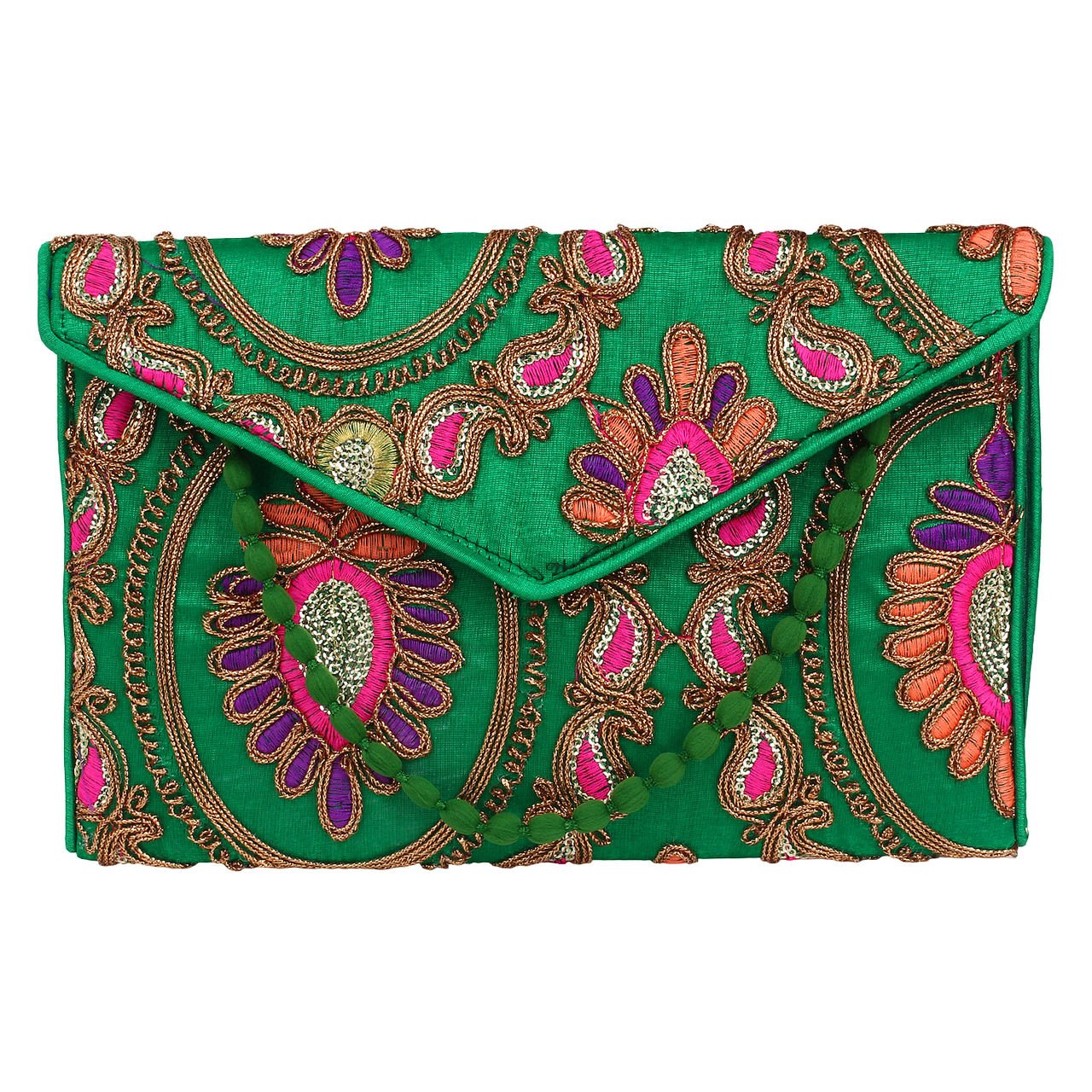 Women's Embroidered Fabric Ethnic Clutch Small Green