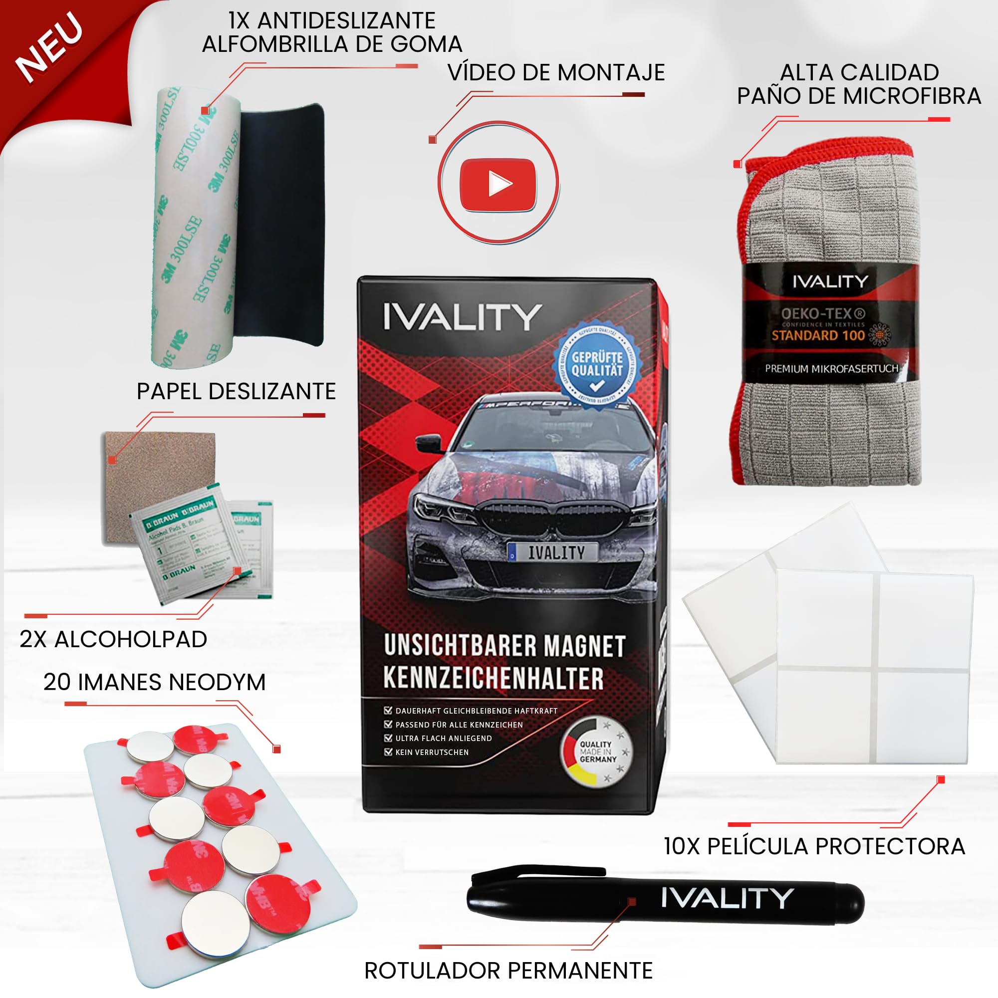 IVALITY® 100% Invisible - Portamatrículas magnético, portamatrículas magnético sin Marco para 1 matrícula española